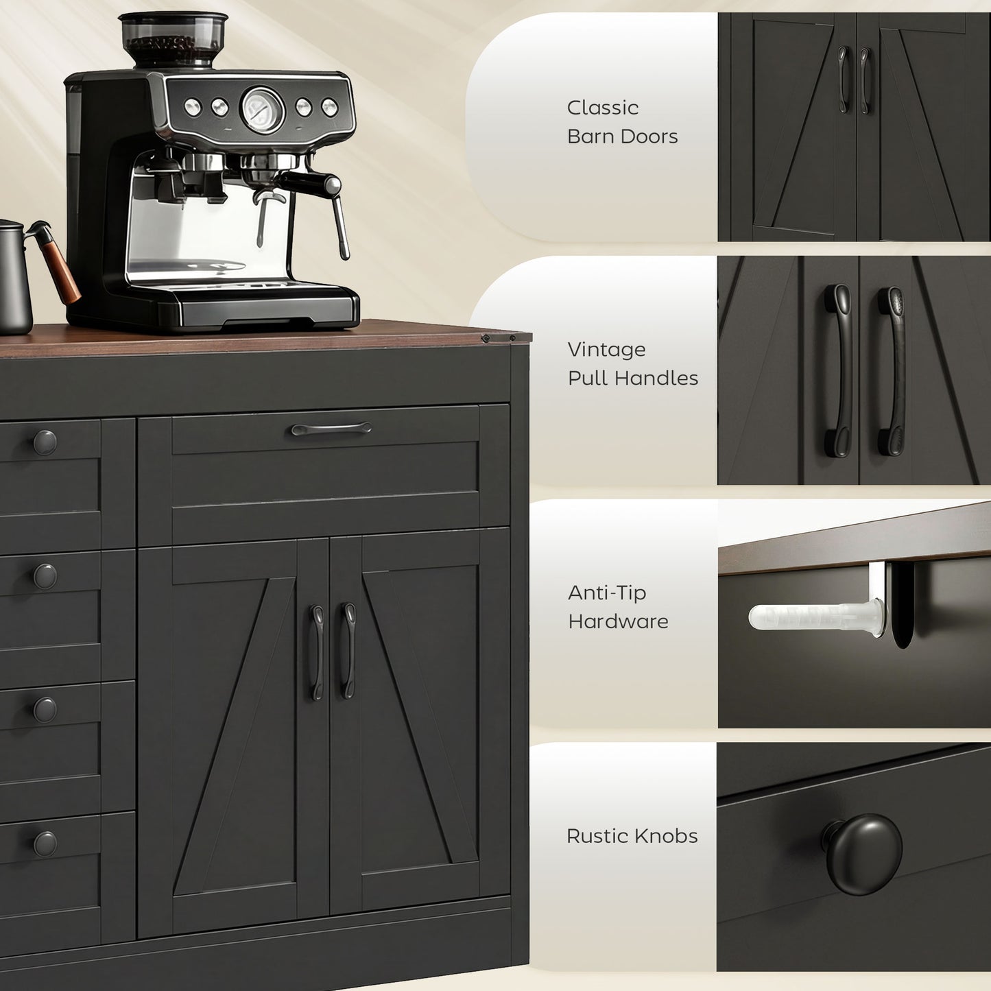 Sideboard Buffet Cabinet, 55" Farmhouse Kitchen Cabinet with 4 Barn Doors, 6 Drawers and 2 Adjustable Shelves, Black
