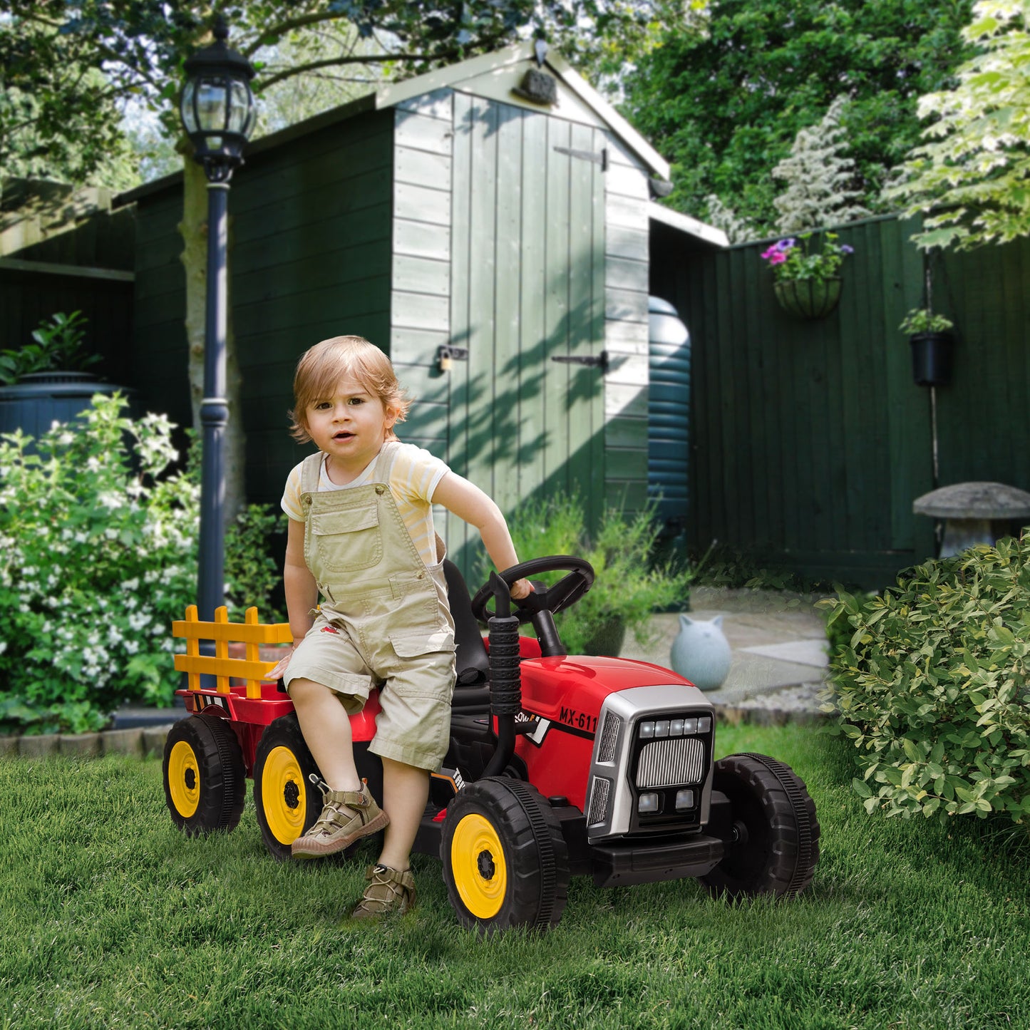 Aosom 12V Kids Ride on Tractor with Trailer, Remote Control, Music Start up Sound and Horn, USB, LED Lights, Red