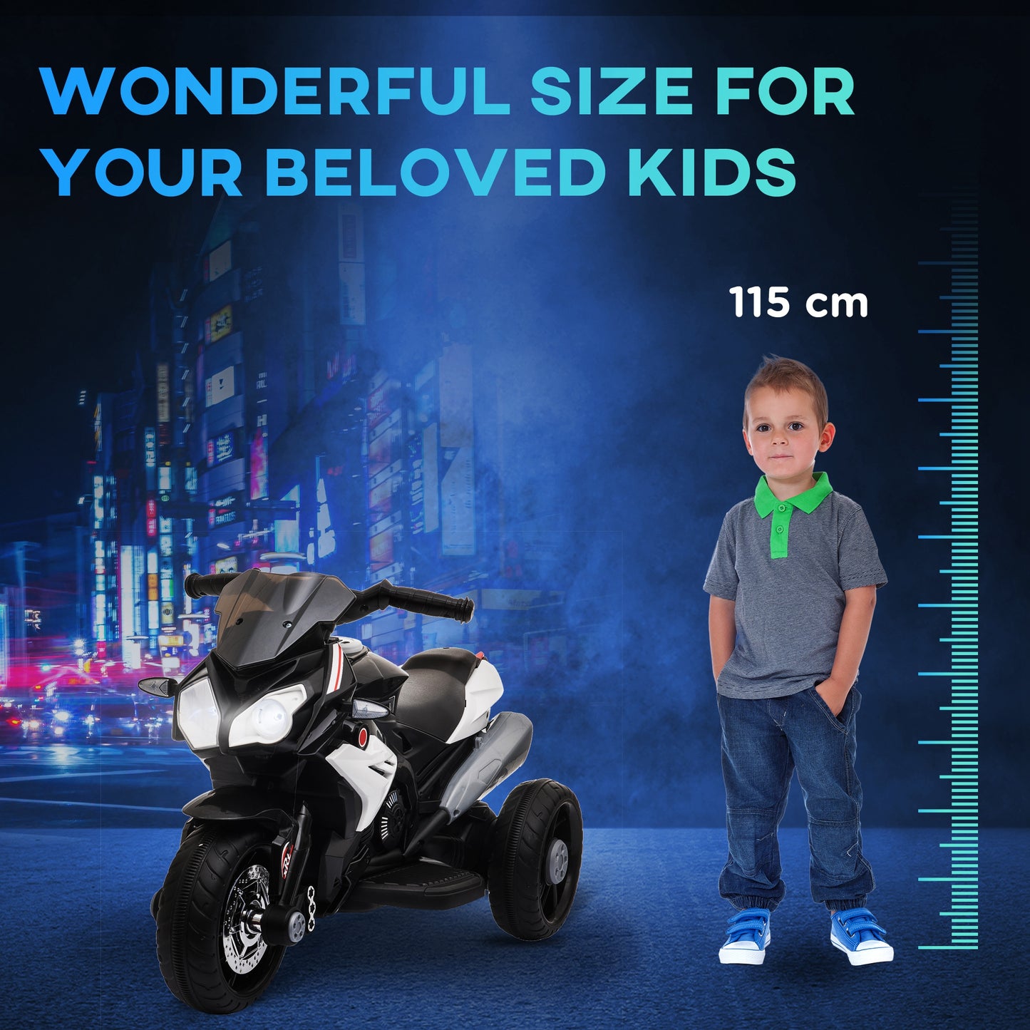 Qaba Kids Electric Motorcycle Ride-On Toy with 3 Wheels, Music, Horn, Lights, Black