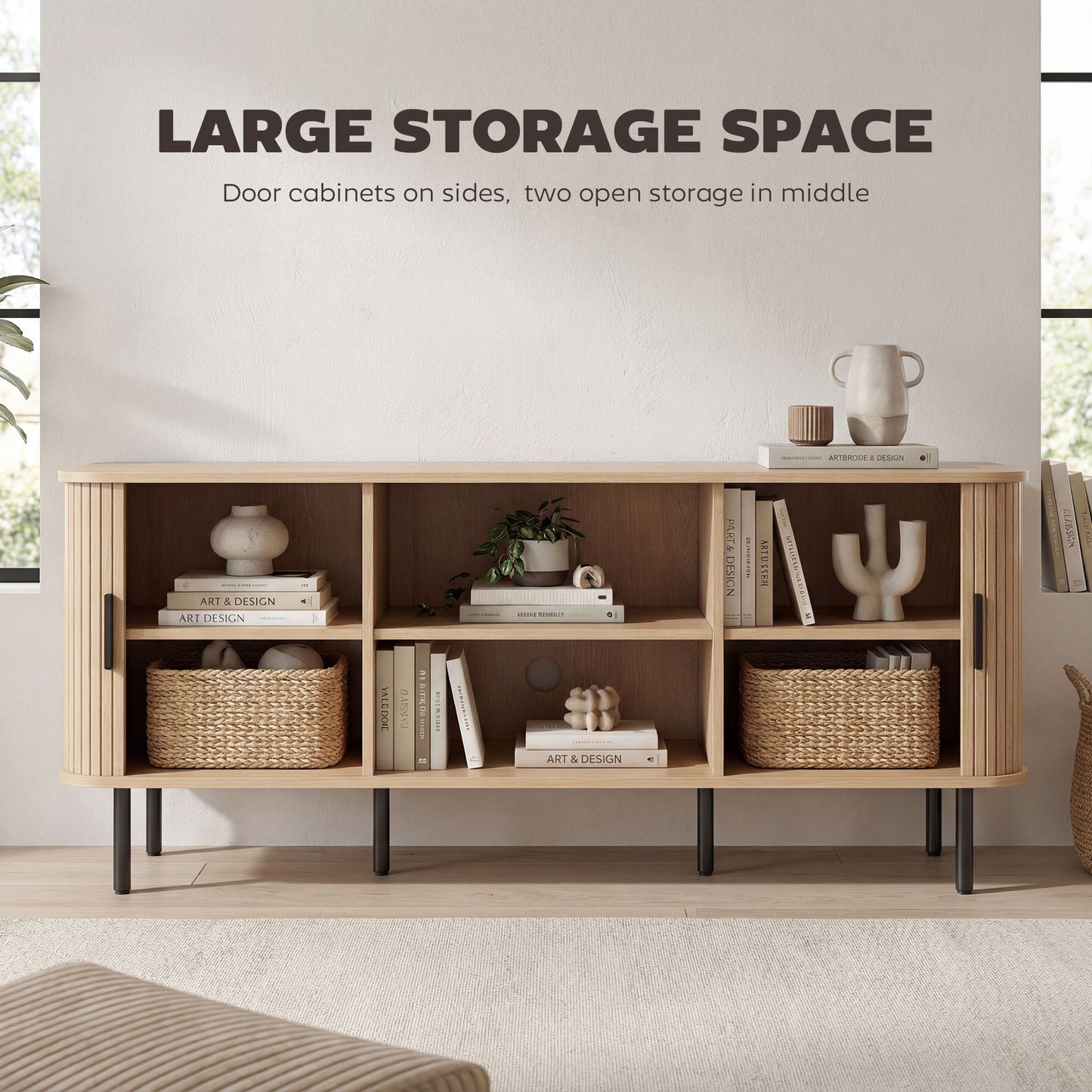 TV Stand Cabinet for TVs up to 65 Inches, TV Unit with Storage Shelves and Cabinets for Living Room, Oak Tone