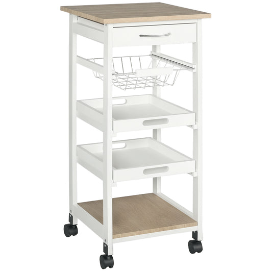 Rolling Kitchen Island Cart, Mobile Utility Storage Cart with Drawer, Wire Storage Basket, Removable Tray, White