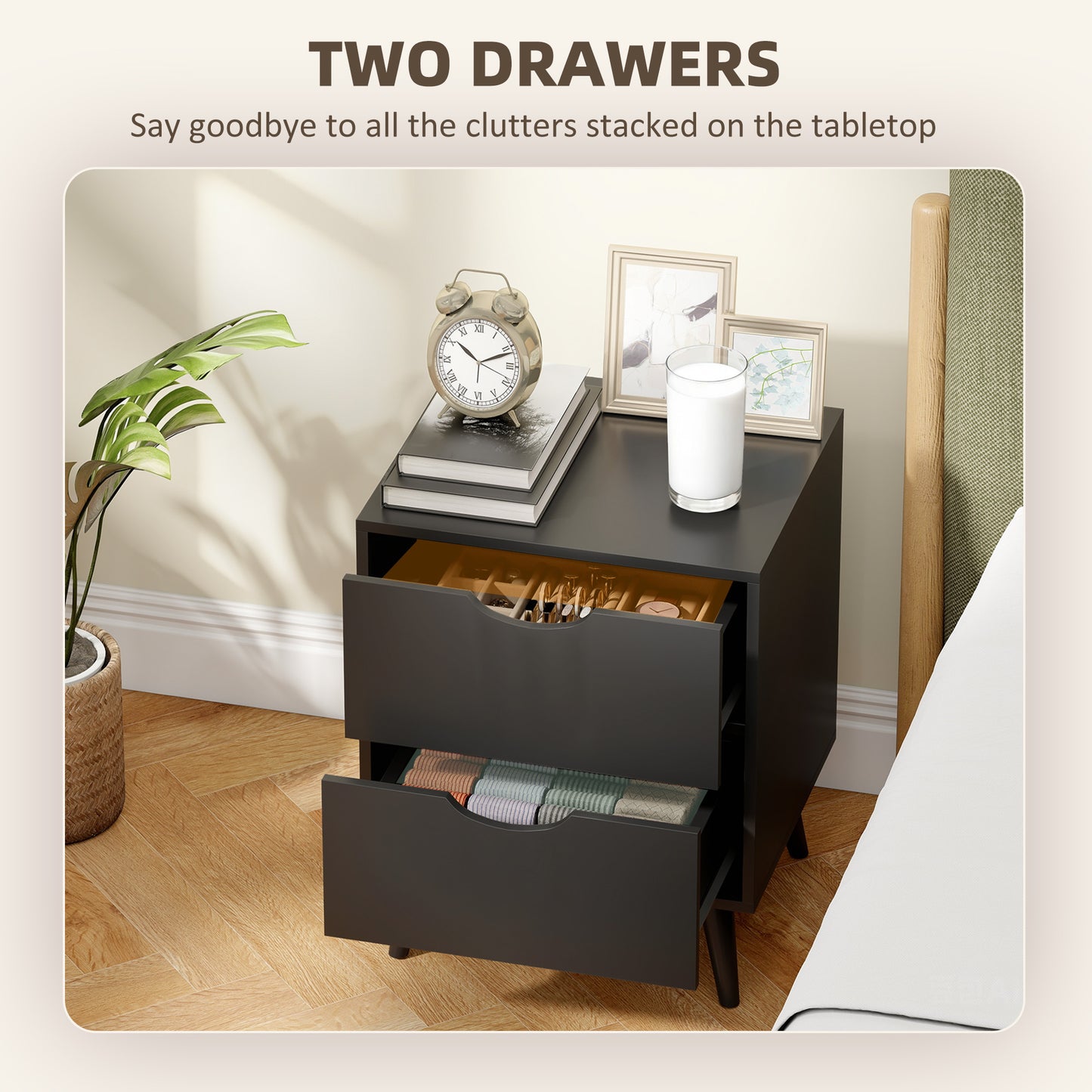 Modern Bedside Table Set of 2, Nightstand with 2 Drawers and Pine Wood Legs for Bedroom, Living Room, Black