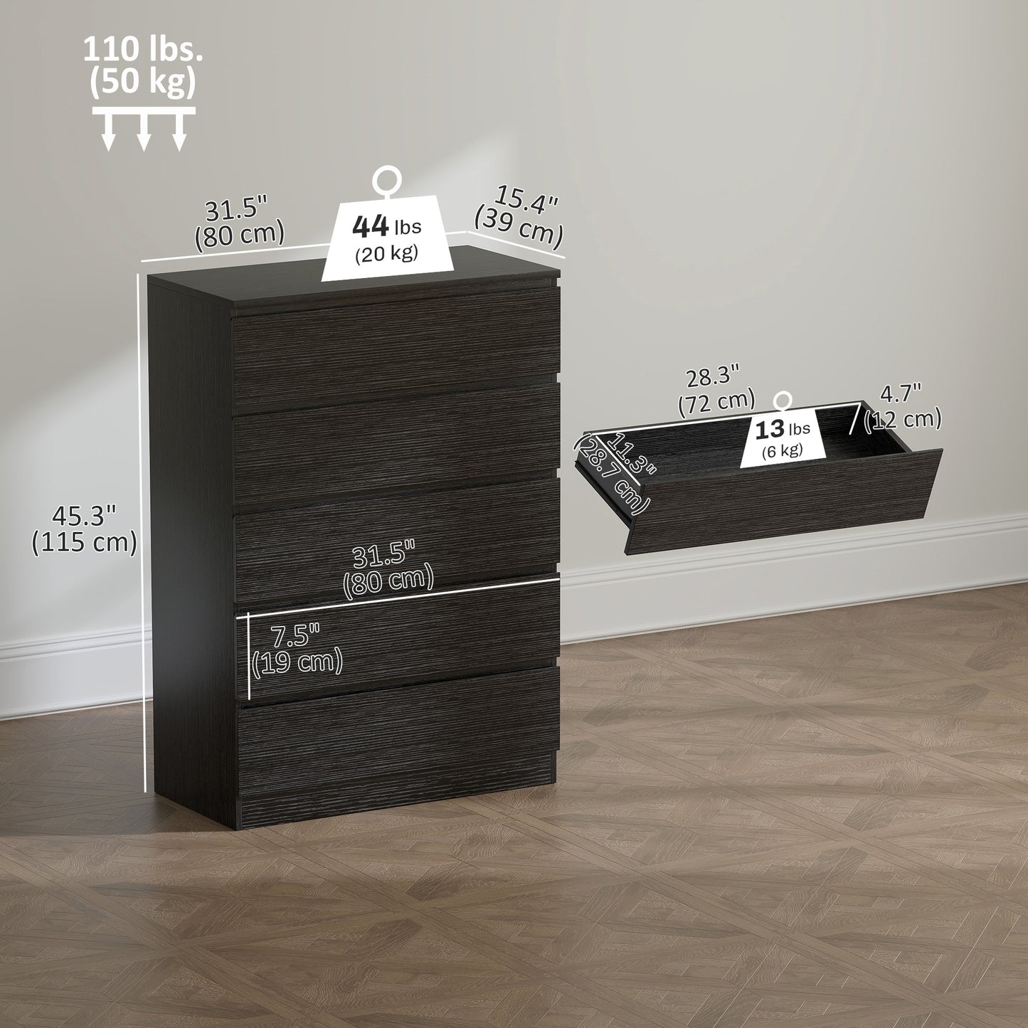 Dresser for Bedroom with 5 Drawers, Modern Chest of Drawers for Living Room, Closet, Hallway, Black