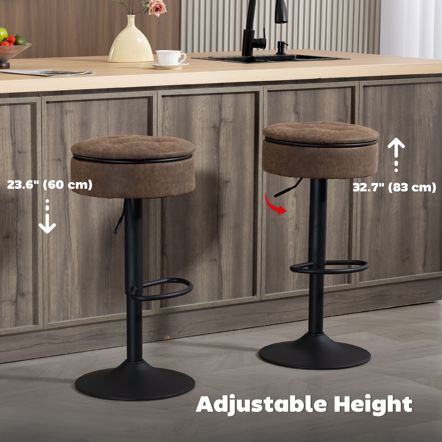 Set of 2 Barstools with Storage, Swivel Bar Stools with PU Leather Upholstered, Footrest, Steel Base, Brown