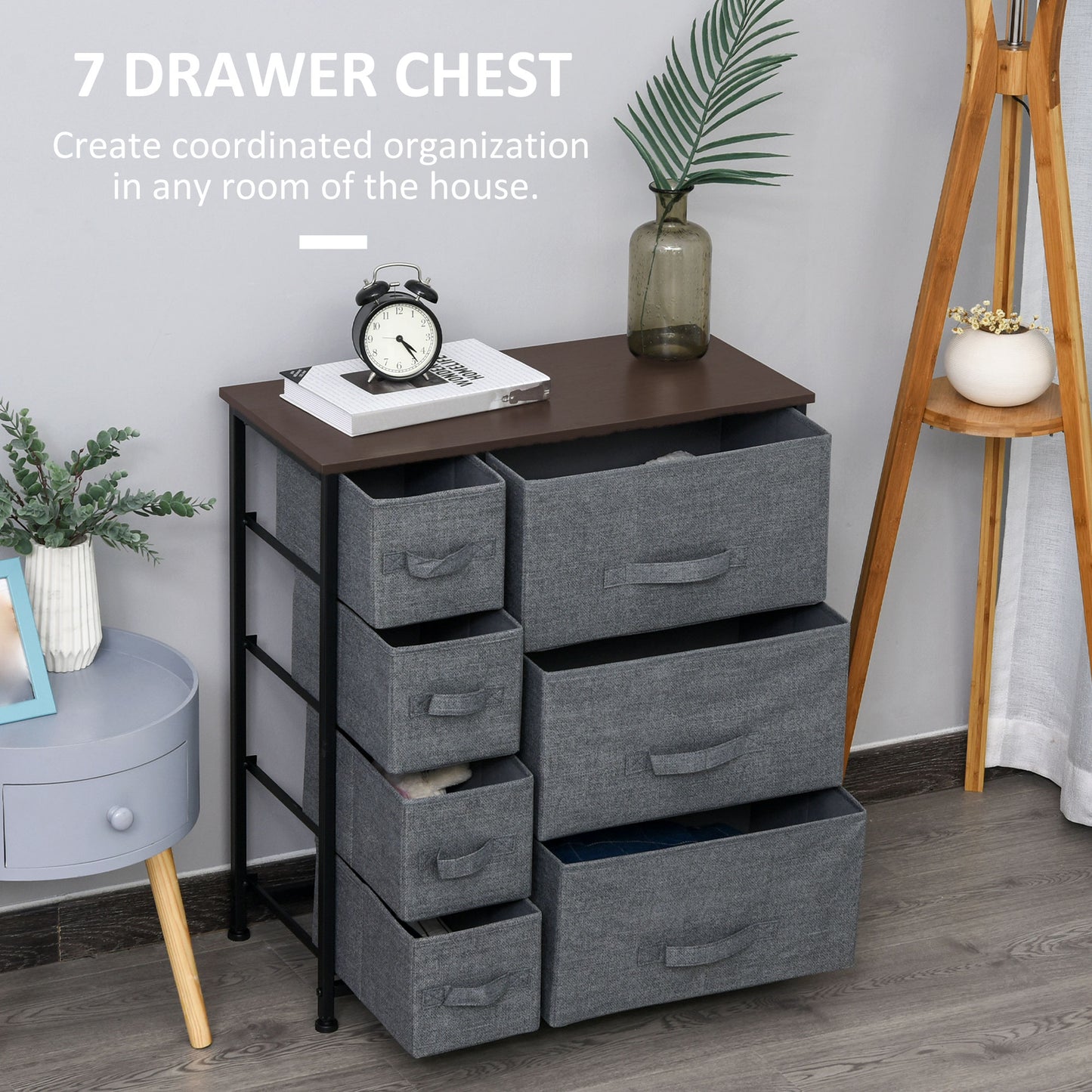 Dresser with 7 Drawers, Chest of Drawers with Metal Frame, Fabric Dresser for Living Room, Dark Grey