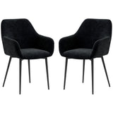 Dining Chairs Set of 2, Velvet-look Fabric Upholstered Kitchen Chairs with Backrest, Armrests and Steel Legs, Black
