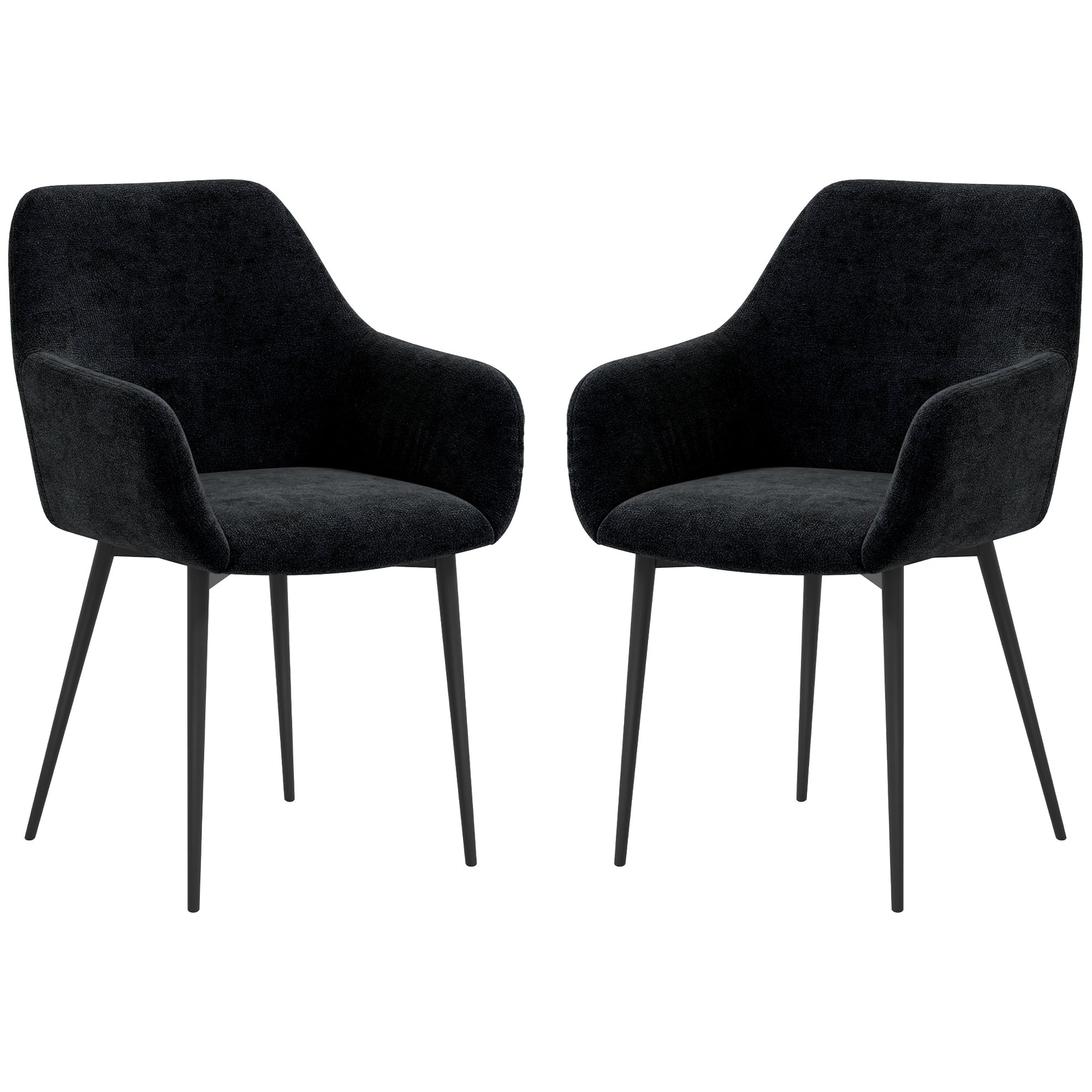 Dining Chairs Set of 2, Velvet-look Fabric Upholstered Kitchen Chairs with Backrest, Armrests and Steel Legs, Black