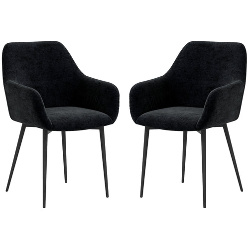 Dining Chairs Set of 2, Velvet-look Fabric Upholstered Kitchen Chairs with Backrest, Armrests and Steel Legs, Black