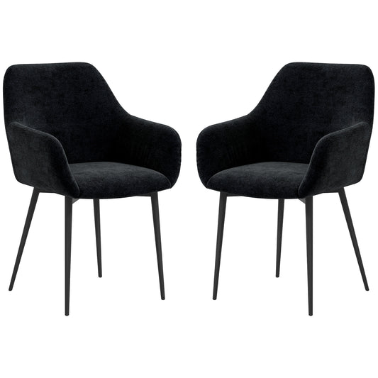 Dining Chairs Set of 2, Velvet-look Fabric Upholstered Kitchen Chairs with Backrest, Armrests and Steel Legs, Black