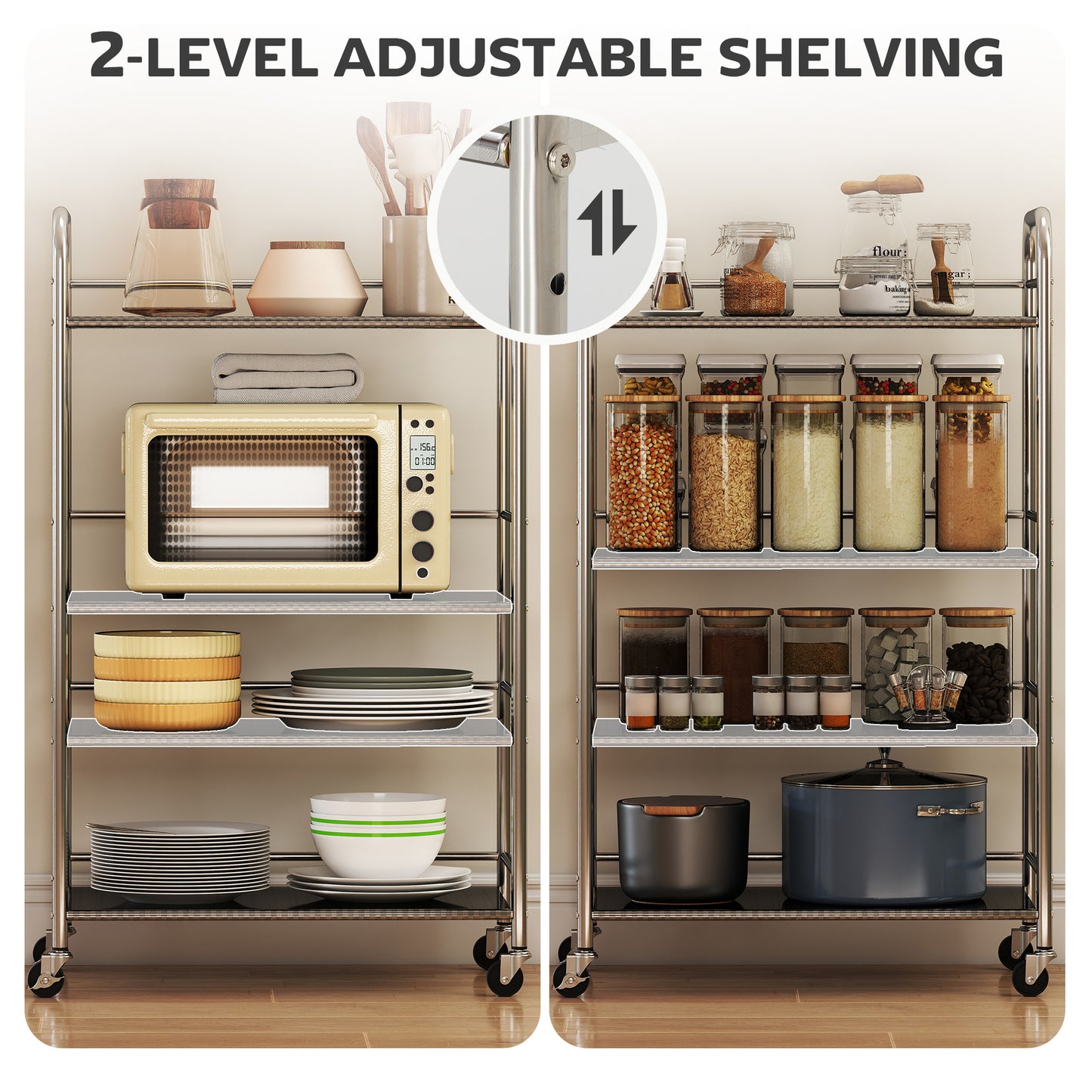 4 Tier Stainless Steel Rolling Cart with Adjustable Shelves, Utility Cart on Wheels with Handles for Kitchen, Silver