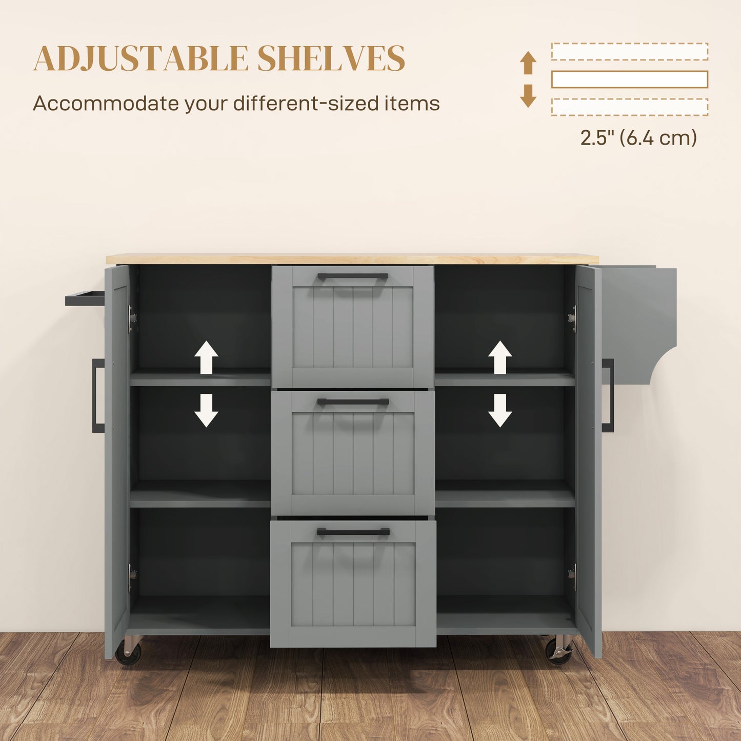 Rolling Kitchen Cart on Wheels with Drop Leaf, Kitchen Island with 3 Drawers, Solid Wood Top and Towel Rack, Grey