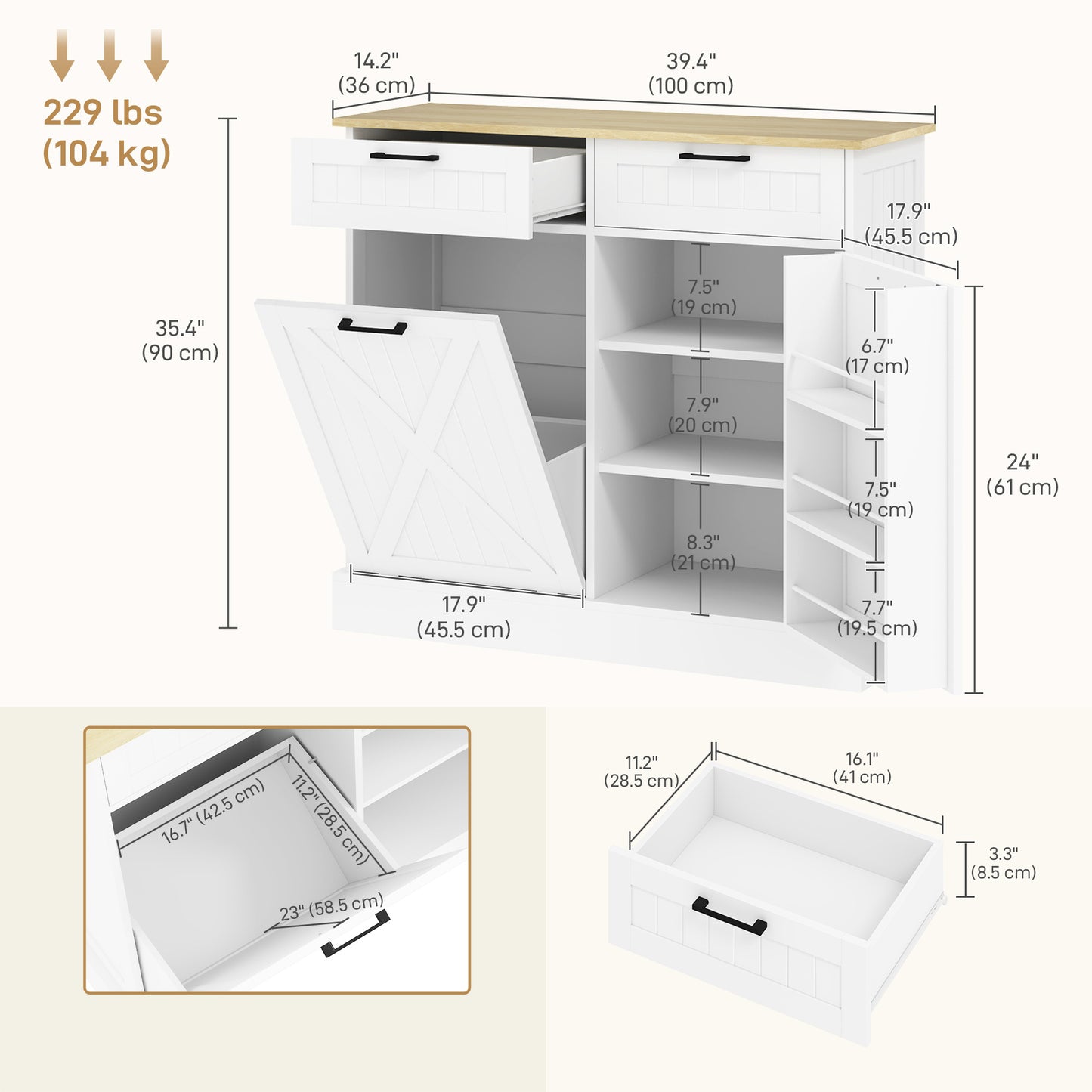10 Gallon Hidden Garbage Bin Cabinet, Tilt Out Trash Cabinet w/ 2 Drawers, Freestanding Kitchen Island, White