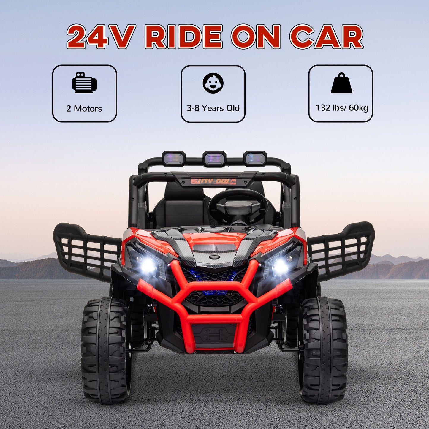 Qaba 2 Seater 24V Electric Car for Kids w/ Remote Control, 3 Speed, LED Lights, Music, Horn, Spring Suspension, Red