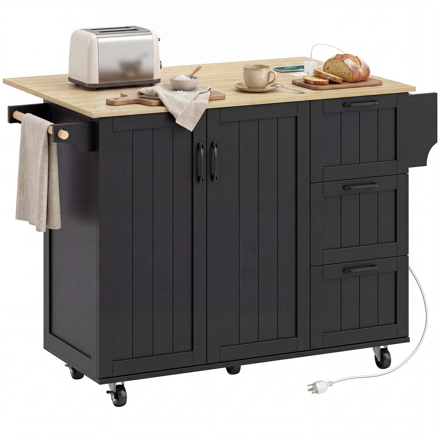 Kitchen Island with Drop Leaf, Rolling Kitchen Cart with Power Outlet, Cabinet, 3 Drawers, Spice Rack, Towel Bar, Black