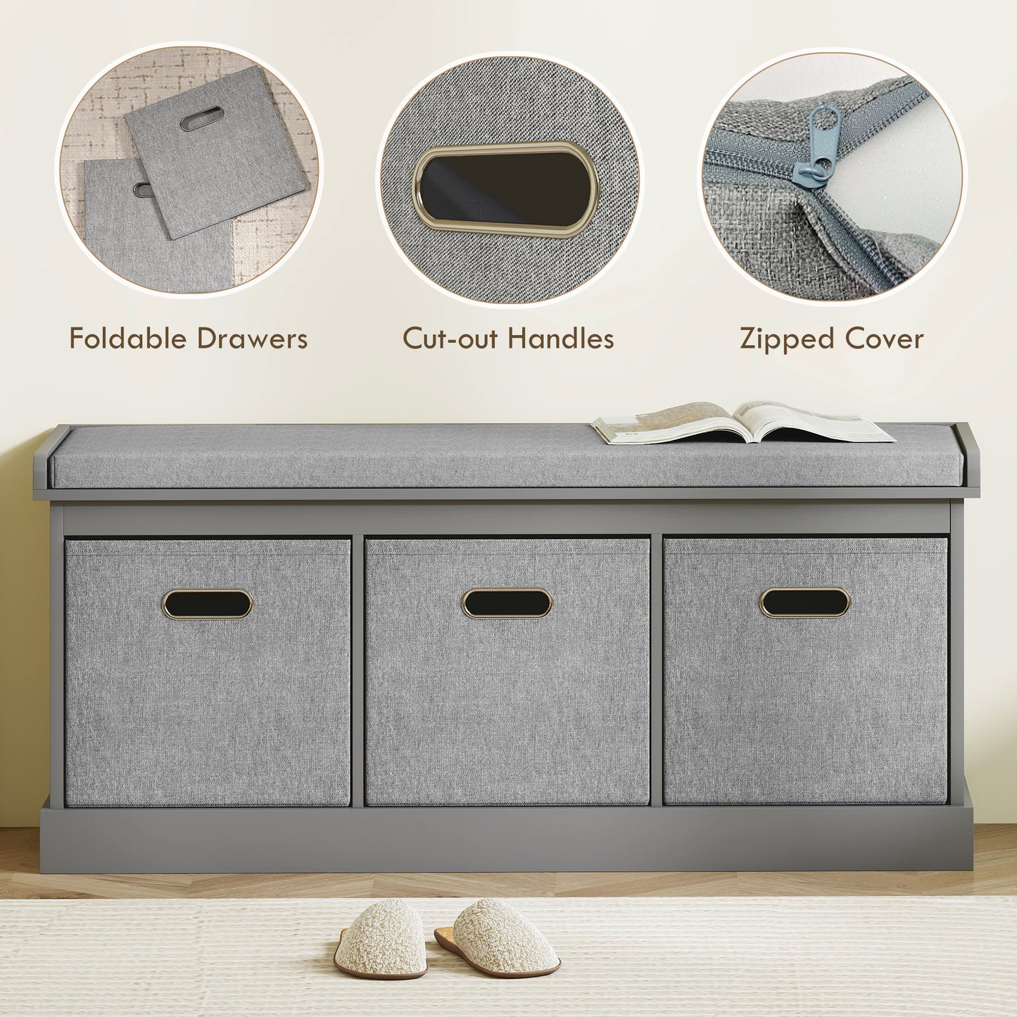 Shoe Storage Bench with Seat, Entryway Bench Seat with Cushion, 3 Fabric Drawers for Hallway, Grey