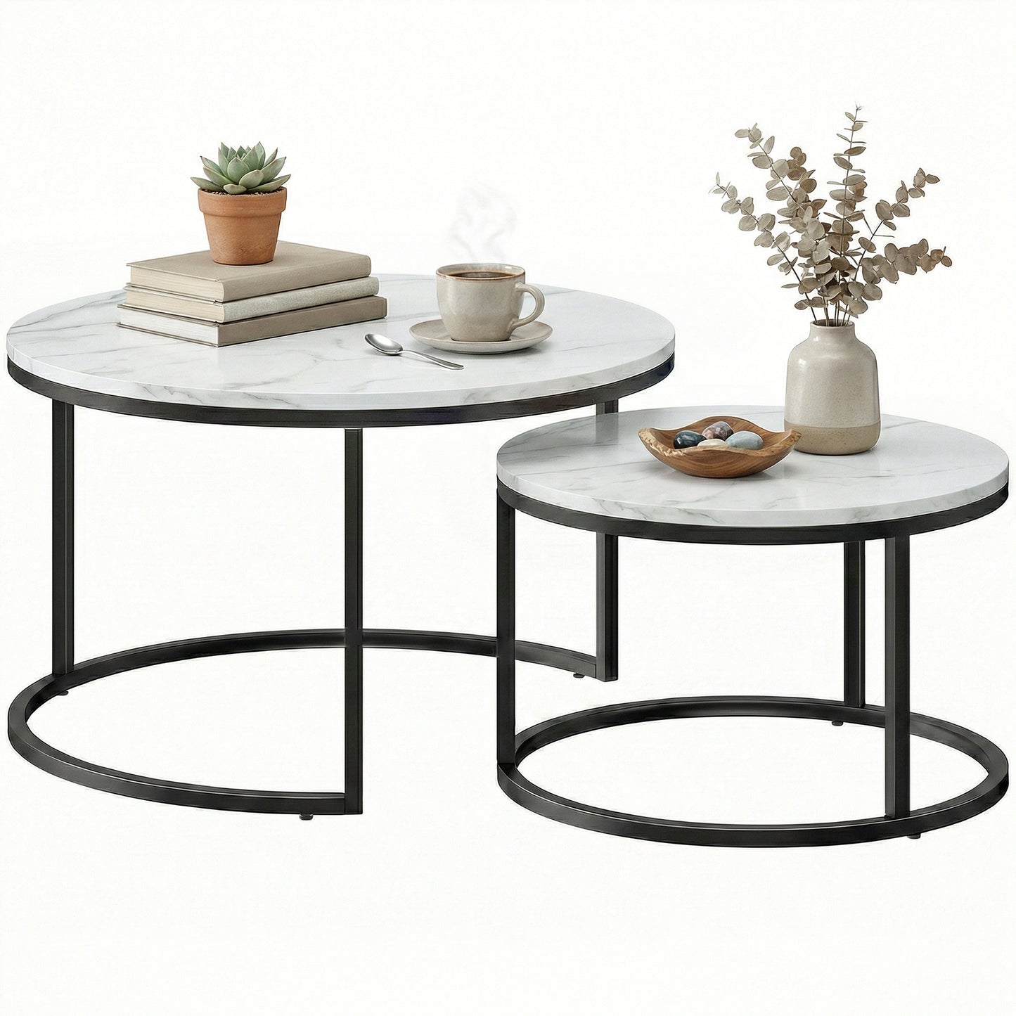 Modern Coffee Table Set of 2, Nesting Side Tables w/ Metal Base for Living Room Bedroom Office Marble White