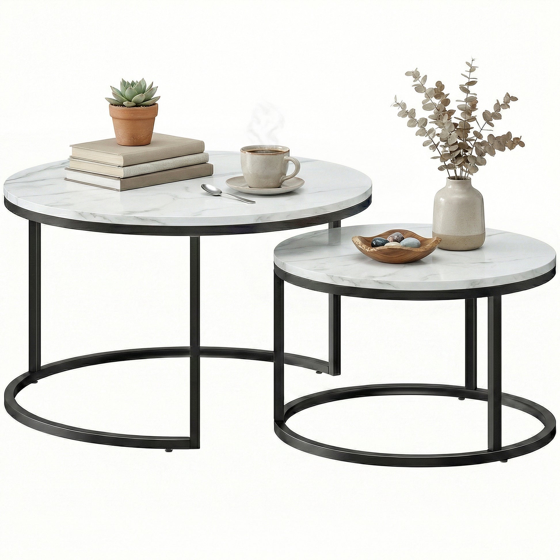 Modern Coffee Table Set of 2, Nesting Side Tables w/ Metal Base for Living Room Bedroom Office Marble White