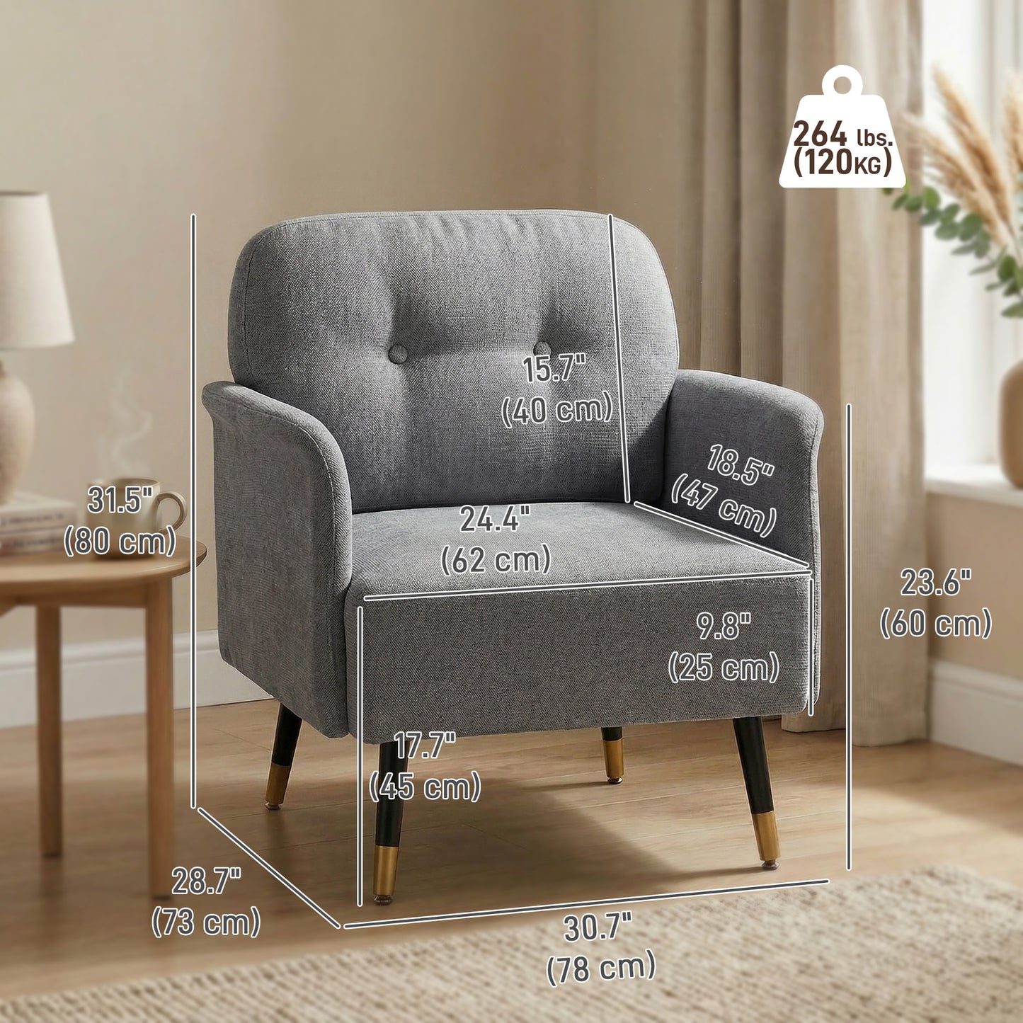 Accent Chair Modern Tufted with Metal Legs Upholstered Reading Armchair for Living Room Grey