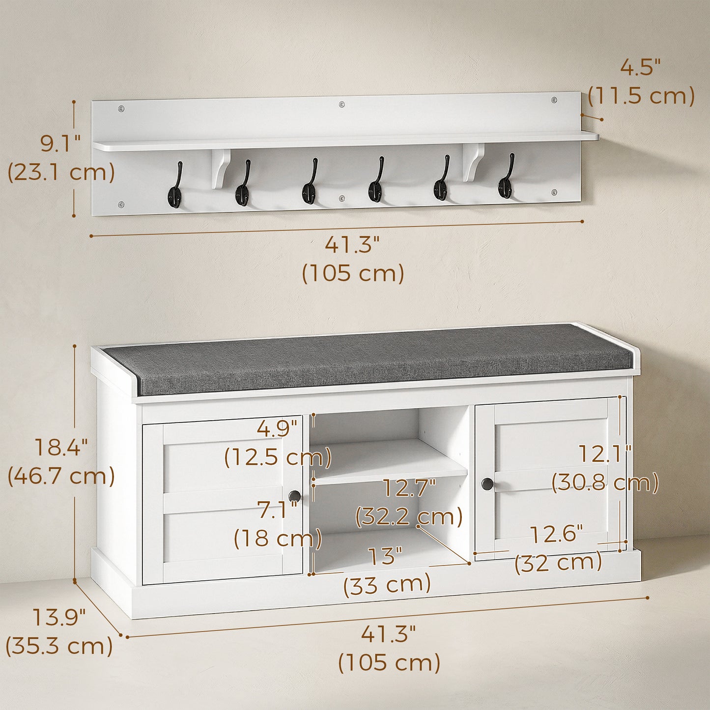 2 in 1 Coat Rack Shoe Bench Set with 6 Hooks and Shoe Storage Bench, White and Grey