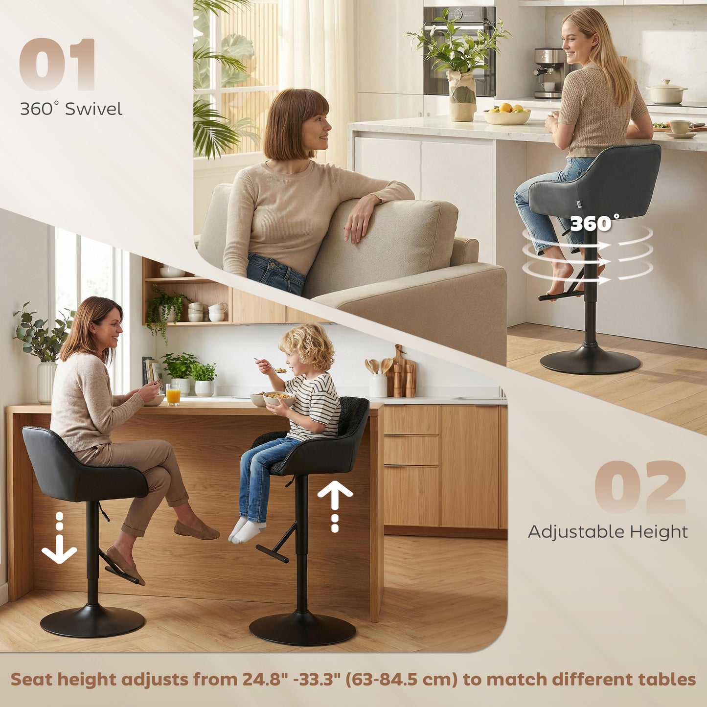 Bar Stools Set of 2, Swivel Counter Height Barstools with Back, Footrest, Armrests, Adjustable Height, Black