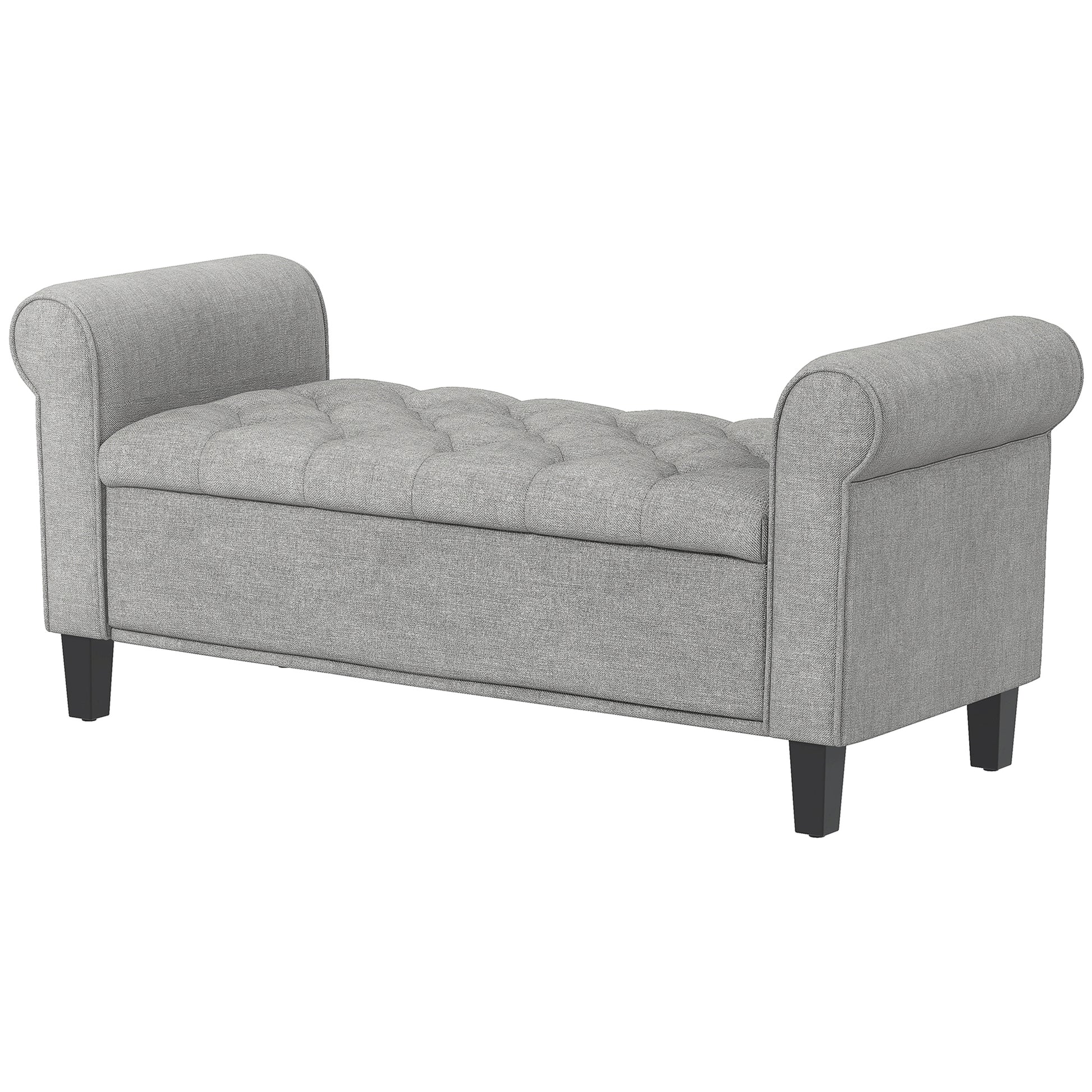 50 Inches Storage Ottoman, Upholstered Bedroom Bench with Rolled Arms and Button Tufted Storage, Light Grey