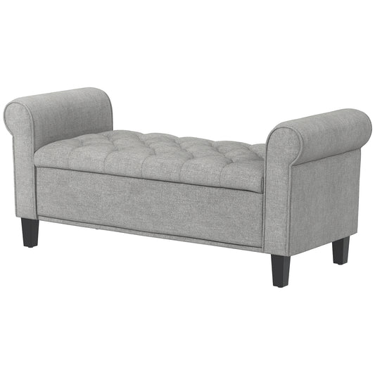 50 Inches Storage Ottoman, Upholstered Bedroom Bench with Rolled Arms and Button Tufted Storage, Light Grey
