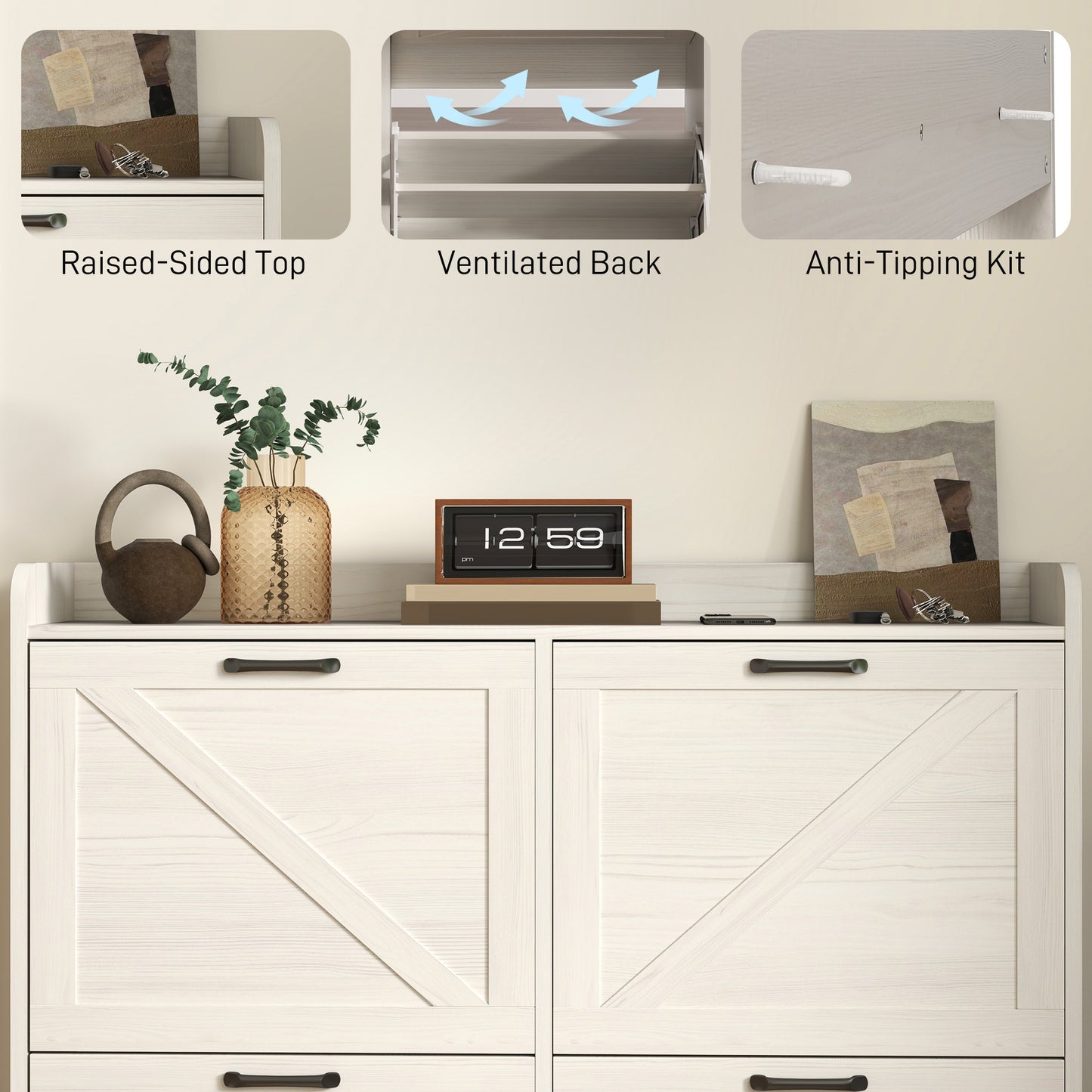 Narrow Shoe Storage Cabinet with 4 Flip Drawers, Adjustable Shelves, 16 Pair Farmhouse Shoe Cabinet, White Oak