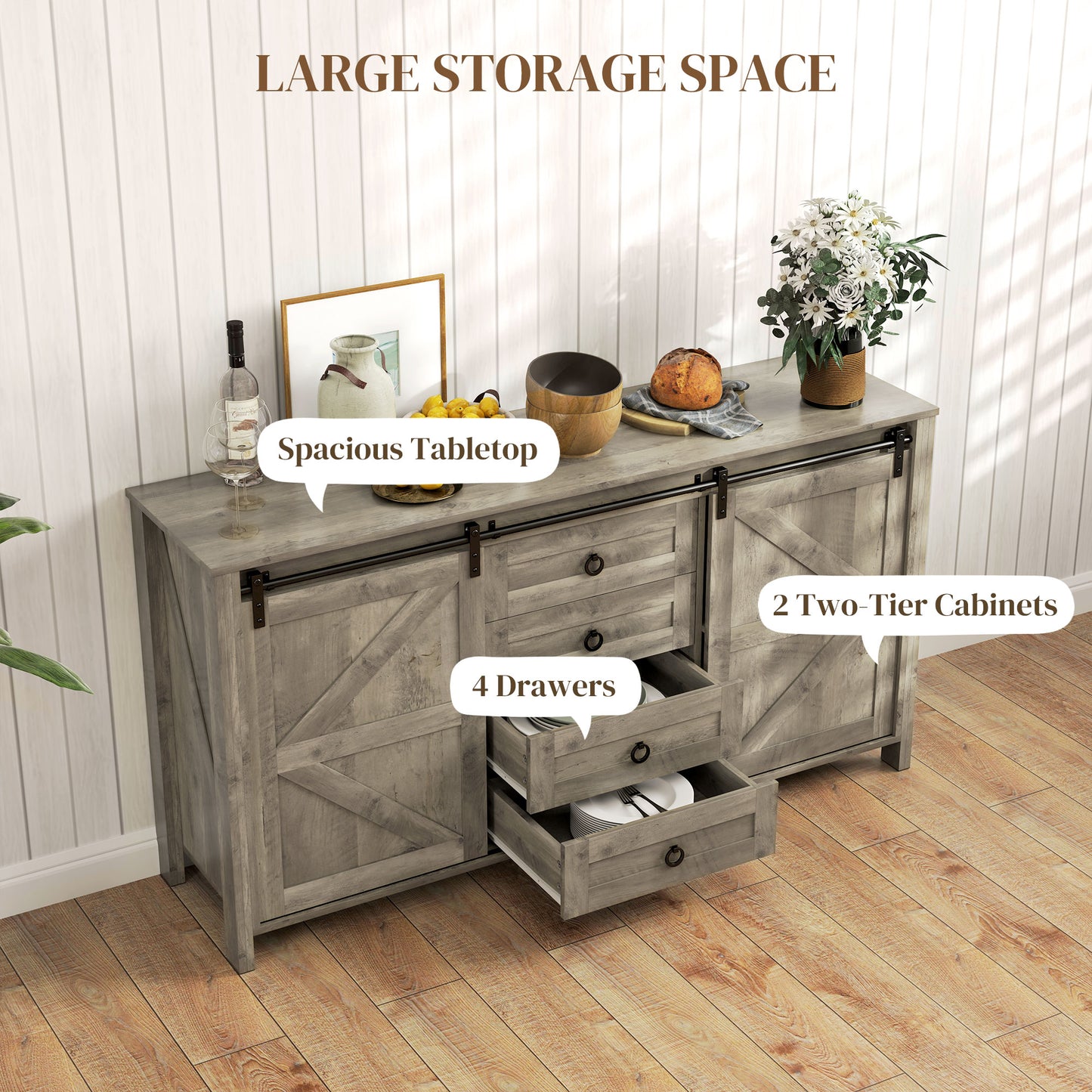 60" Buffet Cabinet, Farmhouse Sideboard with Sliding Barn Doors, Drawers and Adjustable Shelves, Distressed Light Grey
