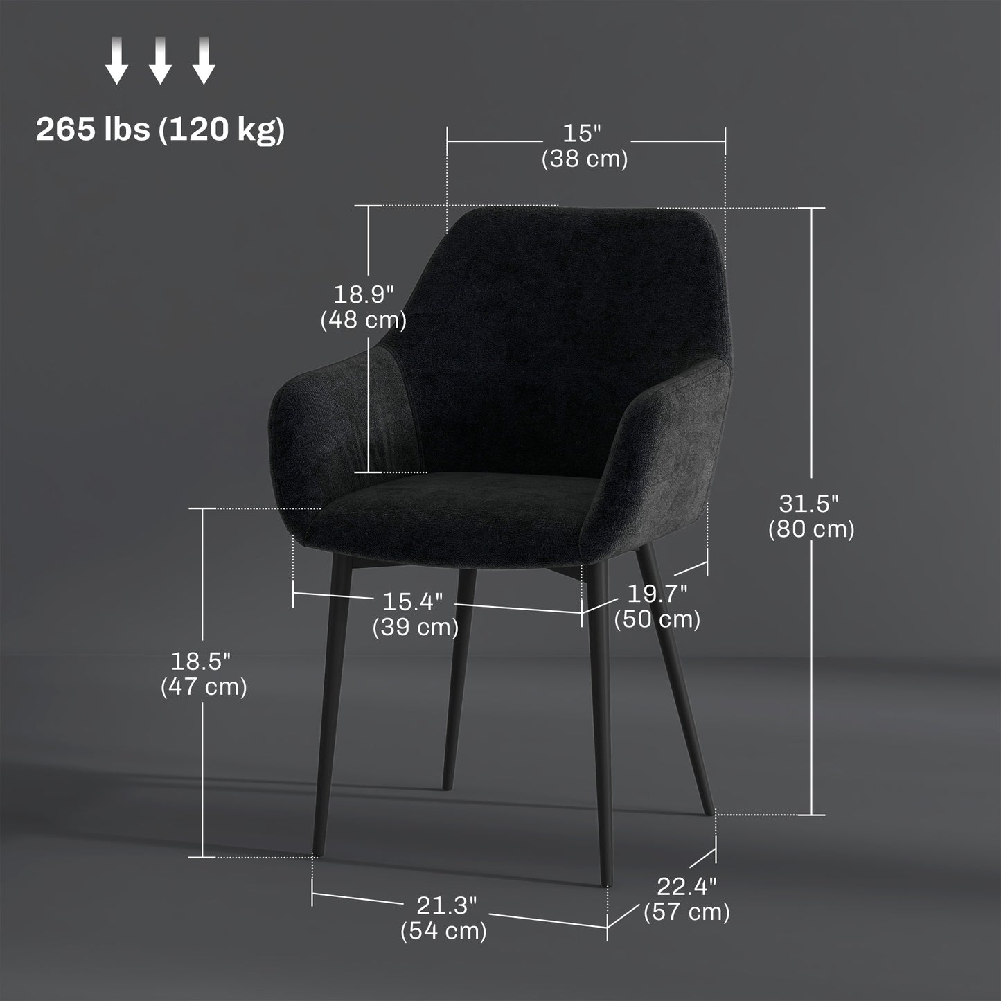 Dining Chairs Set of 2, Velvet-look Fabric Upholstered Kitchen Chairs with Backrest, Armrests and Steel Legs, Black