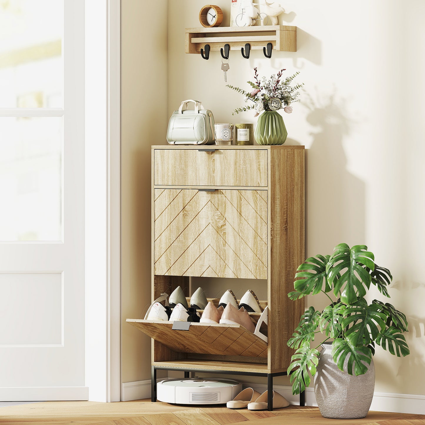 Narrow Shoe Storage Cabinet with Flip Drawers, Shoe Cabinet with Adjustable Shelves, Sliding Drawer, Holds 8 Pairs, Oak