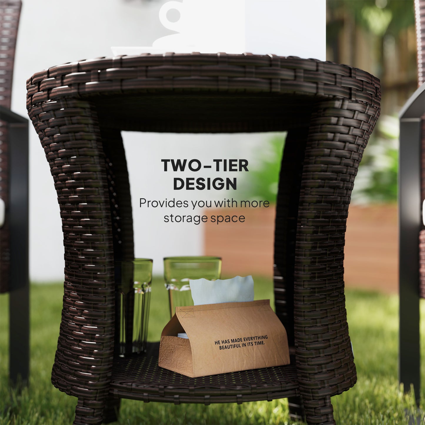 18" Wicker Outdoor Coffee Table, PE Rattan Patio Side Table with 2-Tier Storage, Composite Wood Top, Brown