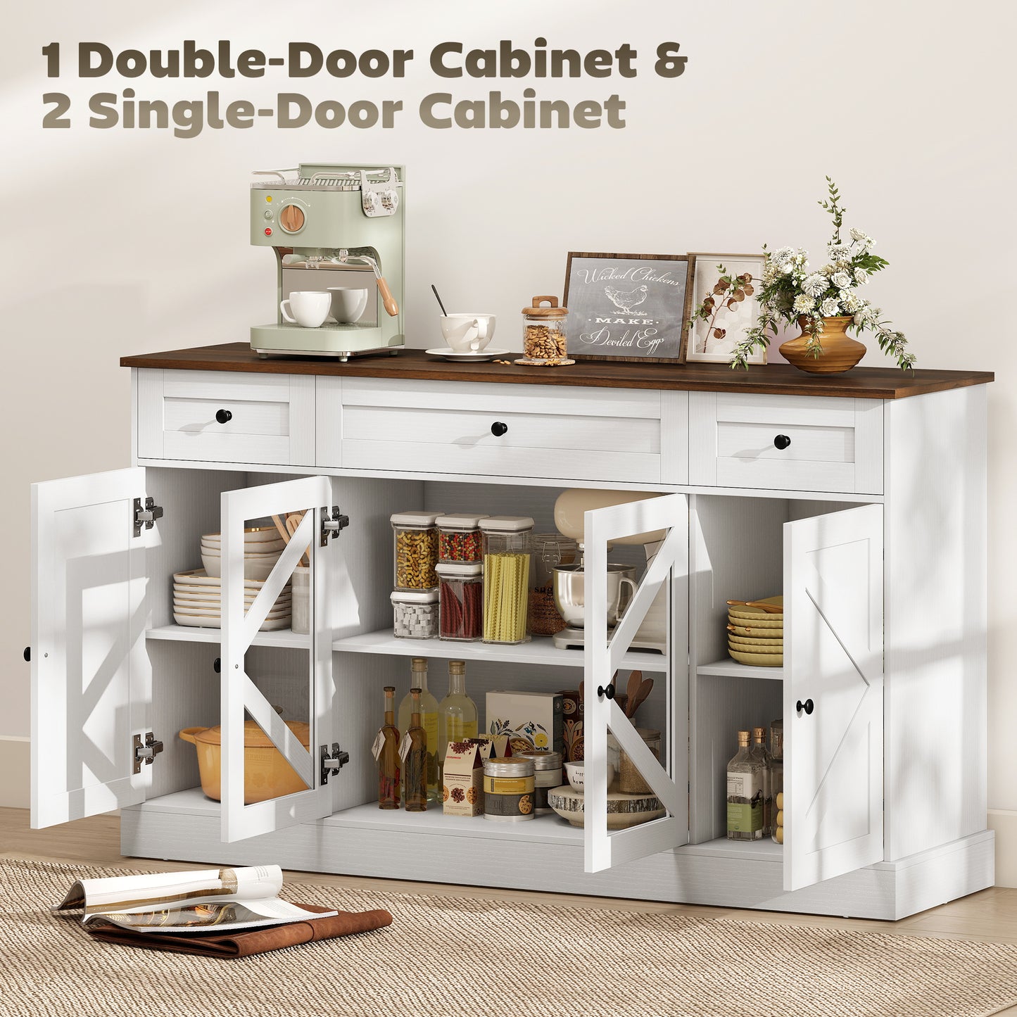 Sideboard Buffet Cabinet, 54" Farmhouse Kitchen Storage Cabinet with Acrylic Barn Doors and 3 Drawers, White Wood Grain