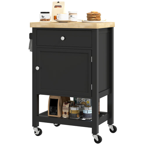Kitchen Island on Wheels, Rolling Kitchen Cart with Wood Top, Towel Rack, Drawer and Shelf for Dining Area, Black