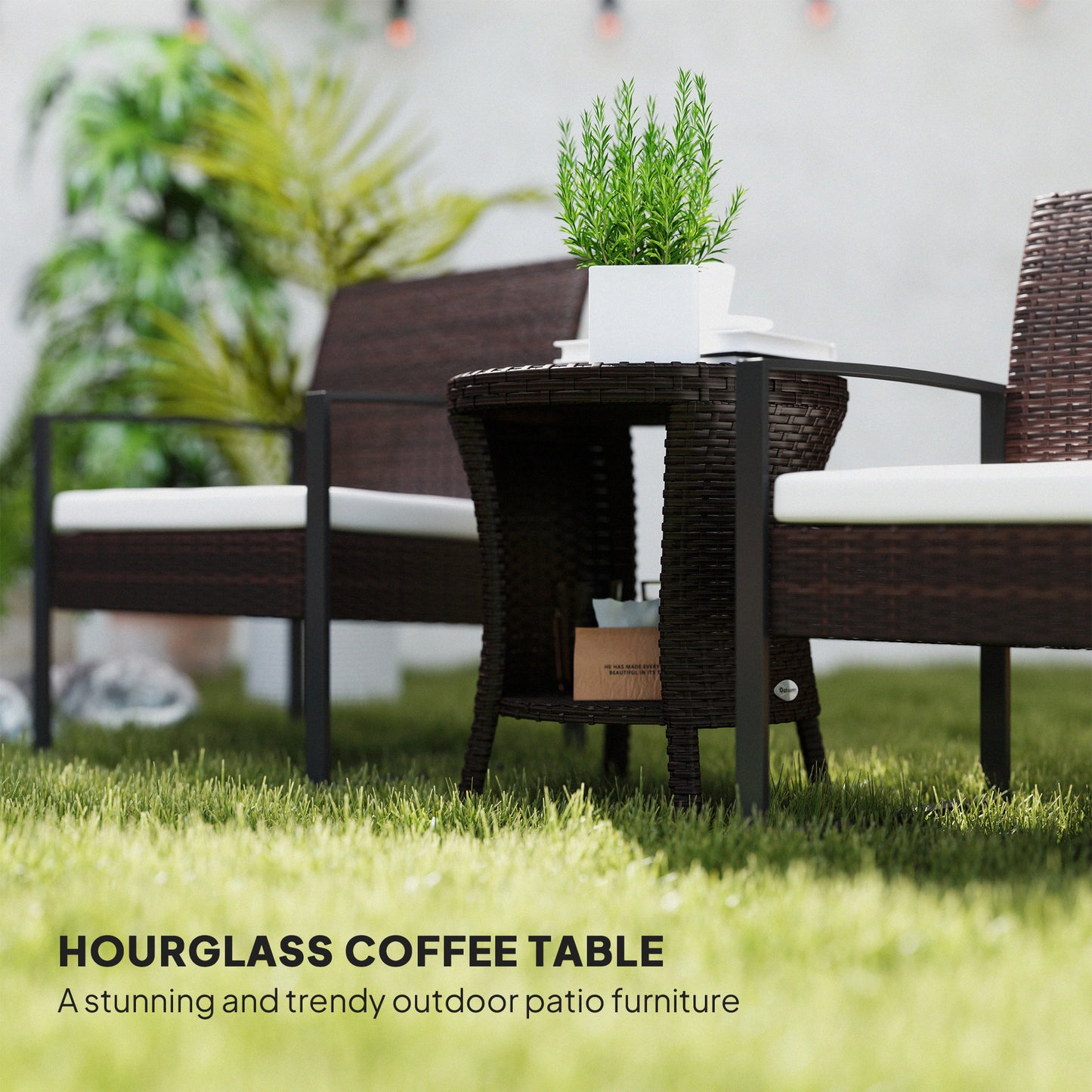 18" Wicker Outdoor Coffee Table, PE Rattan Patio Side Table with 2-Tier Storage, Composite Wood Top, Brown