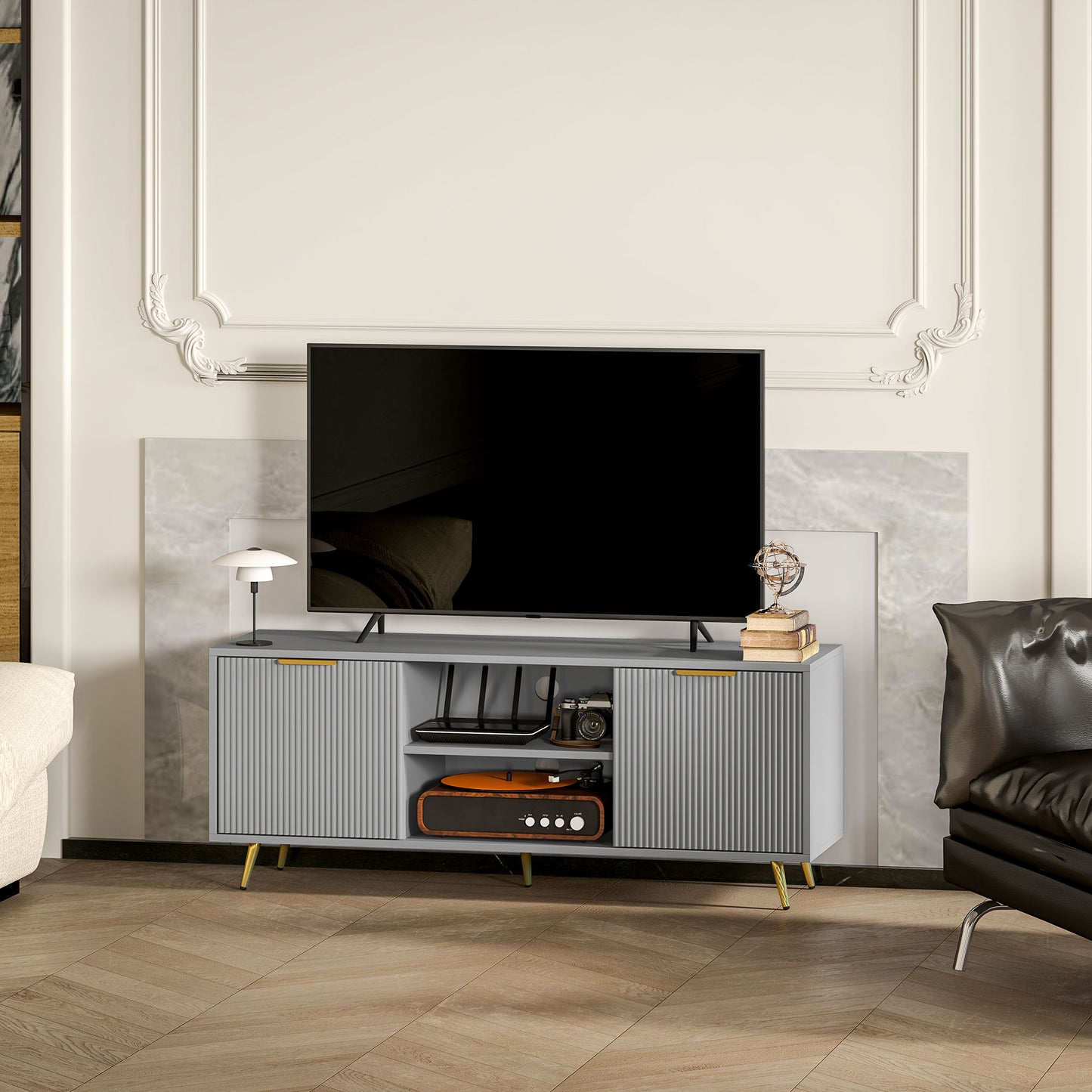 TV Stand with Storage for 55 Inch TV, Modern TV Cabinet with 2 Open Shelves and 2 Cabinets for Living Room, Grey