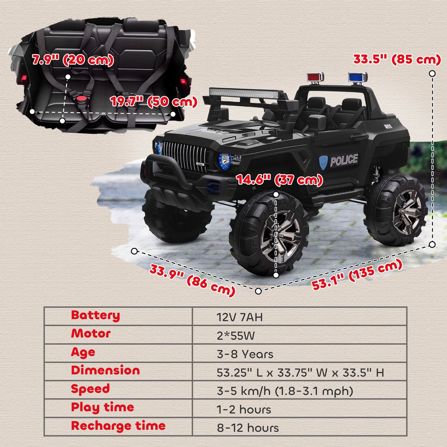Aosom 2 Seater Ride-On Car with Parental Remote Control, LED Lights, MP3 for Kids Ages 3-8, Black