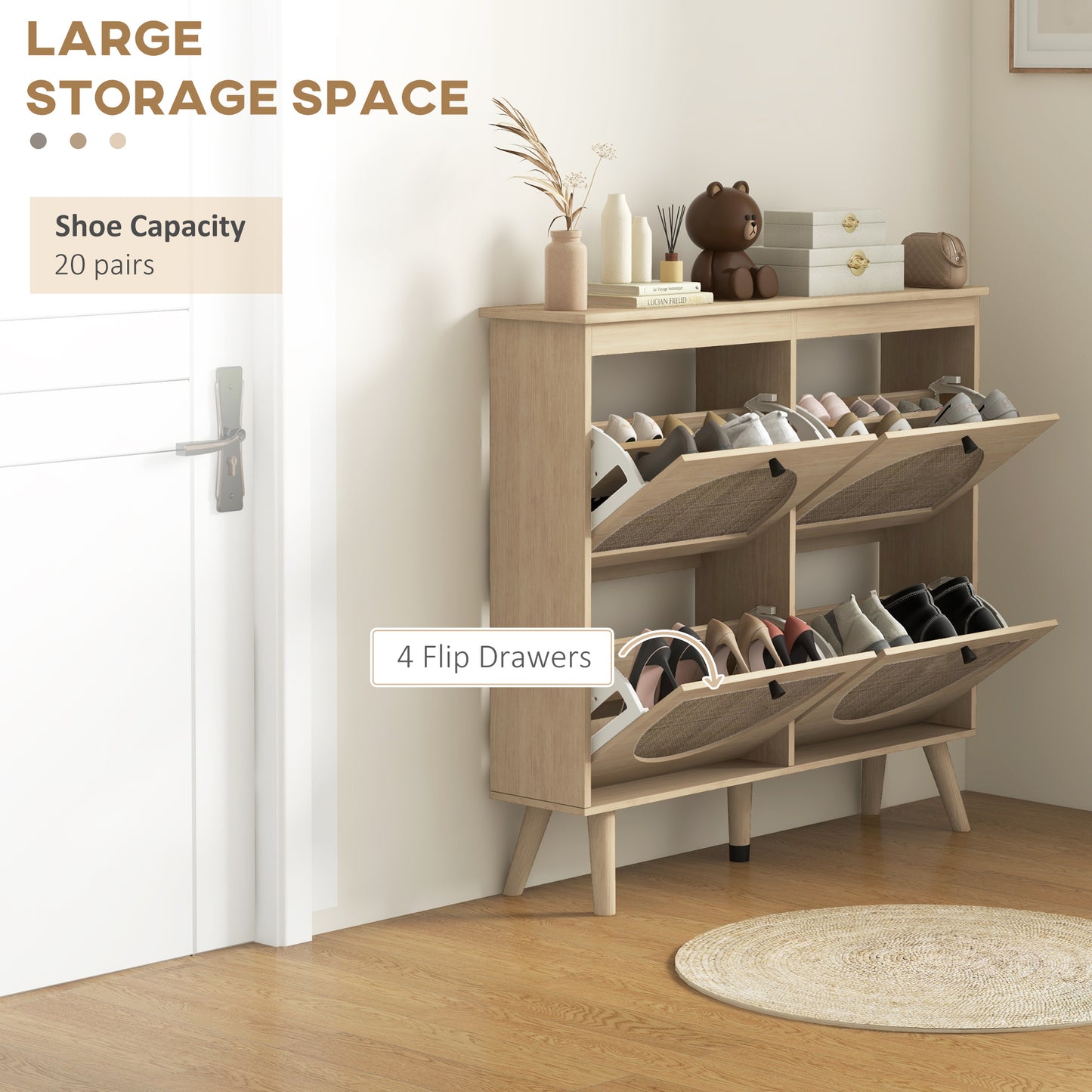 Shoe Cabinet for entryway, Shoe Storage Cabinet with 4 Flip Drawers and Adjustable Shelves for 20 Pairs of Shoes, Oak