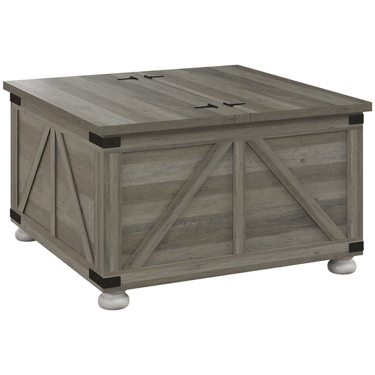 Farmhouse Coffee Table, Square Center Table with Flip-top Lids, Hidden Storage Compartment and Wooden Legs, Distressed Grey