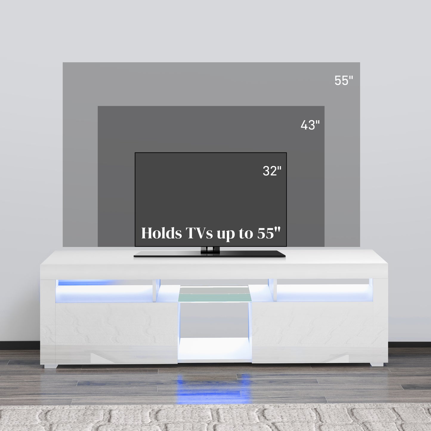 Modern TV Stand with Storage and LED Lights for TVs up to 55", TV Cabinet with Open Compartments, High Gloss White