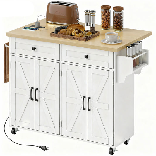 Kitchen Island with Storage, Rolling Kitchen Cart with Charging Station, Drop Leaf, Spice Rack, Towel Rack, Drawers