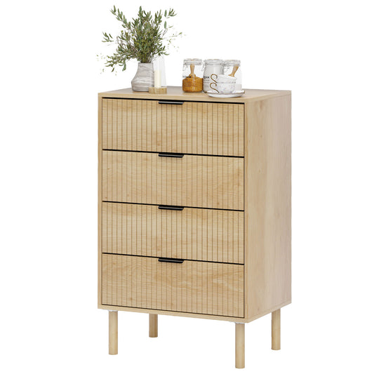 Chest of Drawers, 4 Drawer Dresser with Fluted Panels and Solid Wood Legs, Storage Cabinet for Living Room, Oak