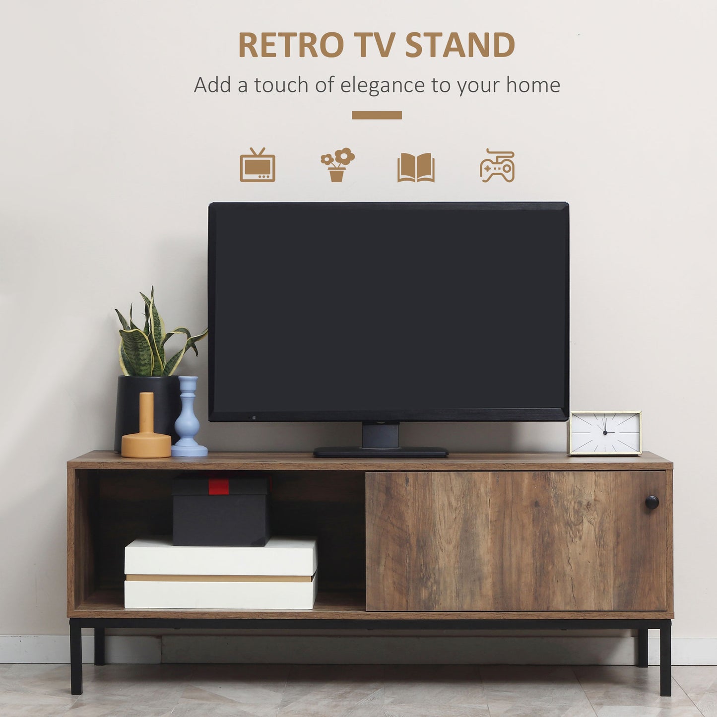 Retro TV Cabinet for TVs up to 50", TV Stand with Compartment and Adjustable Shelf, Media Console with Sliding Door for Living Room, Coffee