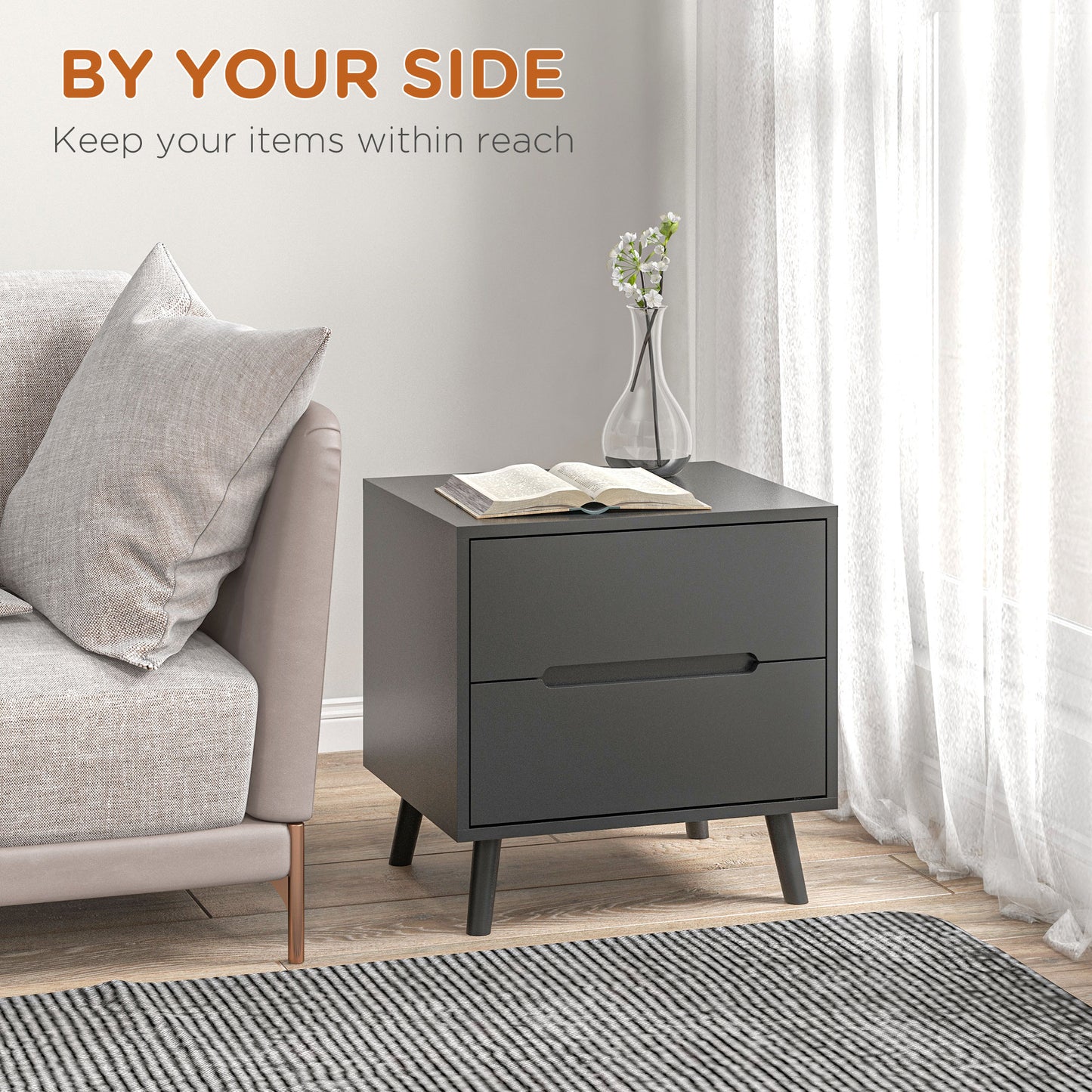 Modern Nightstand, Night Table with 2 Drawers, Bed End Table with Solid Wood Legs for Bedroom