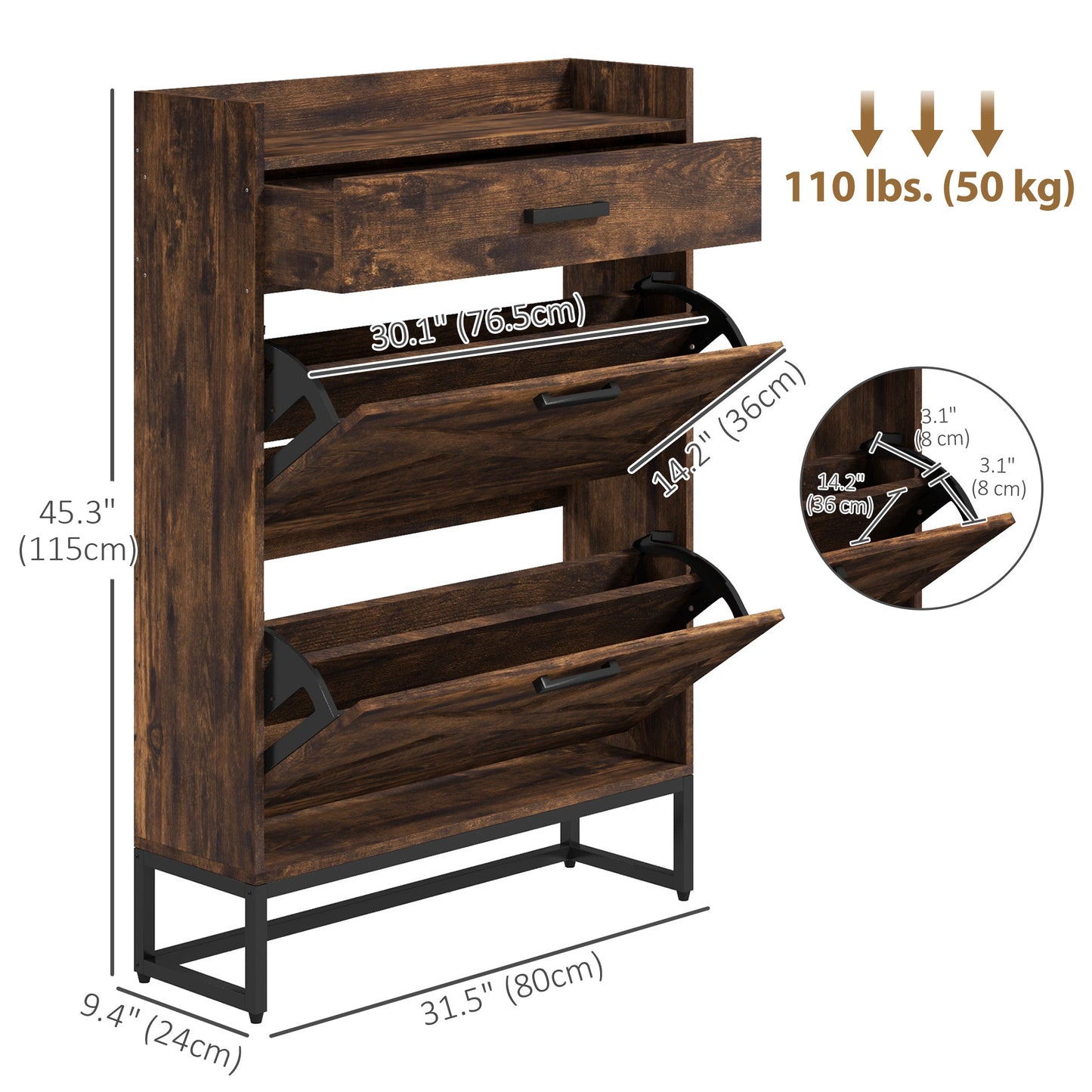 Slim Shoe Storage with 2 Flip Drawers and Adjustable Shelves Shoe Cabinet Organizer for 12 Pair, Rustic Brown