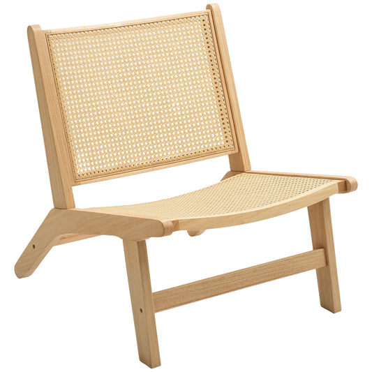 Rattan Accent Chair, Mid-Century Leisure Chair with Rubber Wood Frame, for Bedroom Living Room, Natural