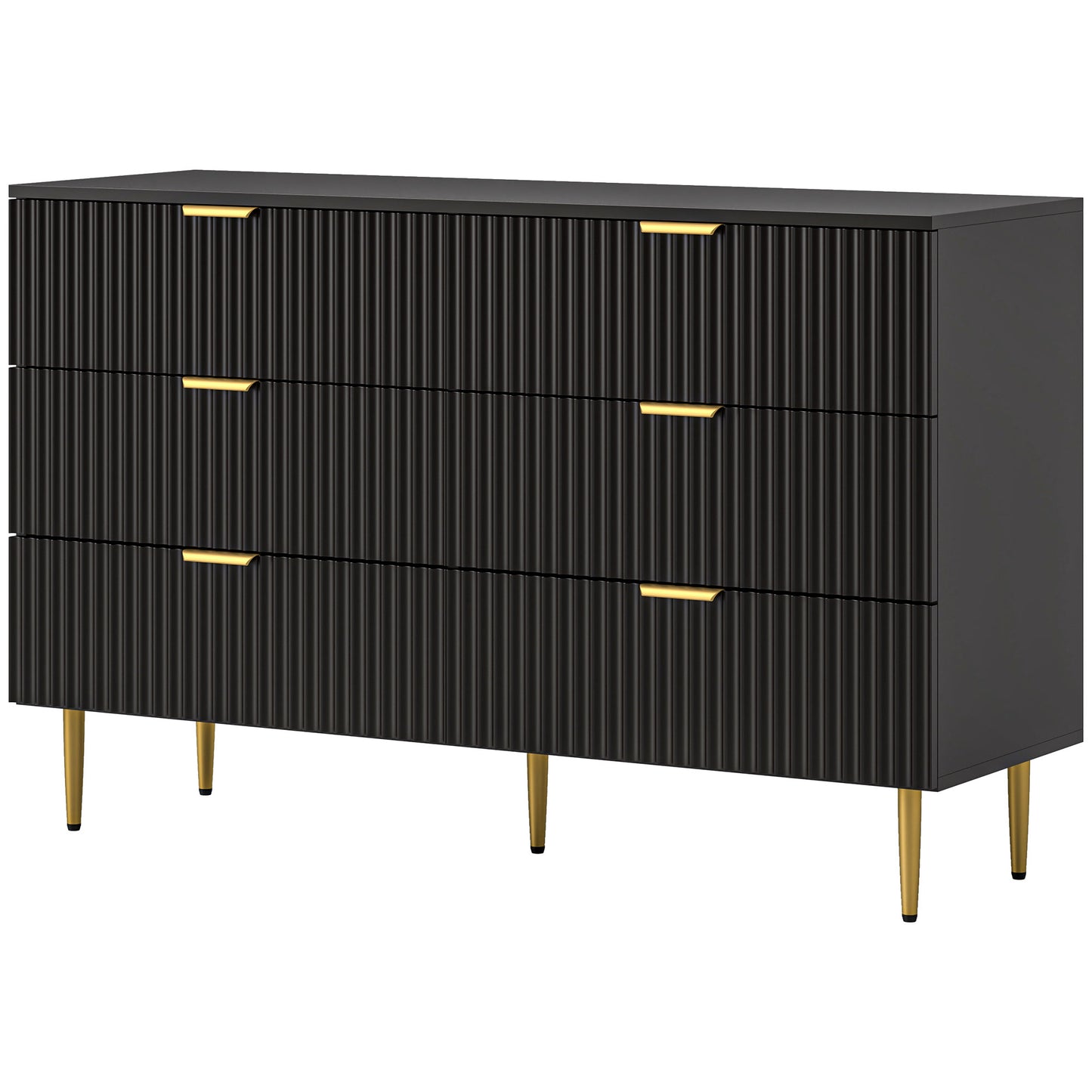 Modern Chest of Drawers 6 Drawer Dresser for Bedroom with Gold Legs and Handles, Black
