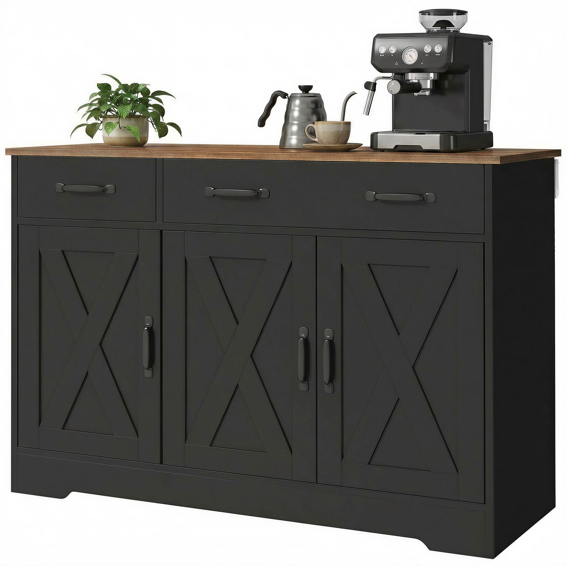 Sideboard Buffet Cabinet, 43" Farmhouse Kitchen Cabinet with 3 Barn Doors, 2 Drawers, 2 Adjustable Shelves, Black