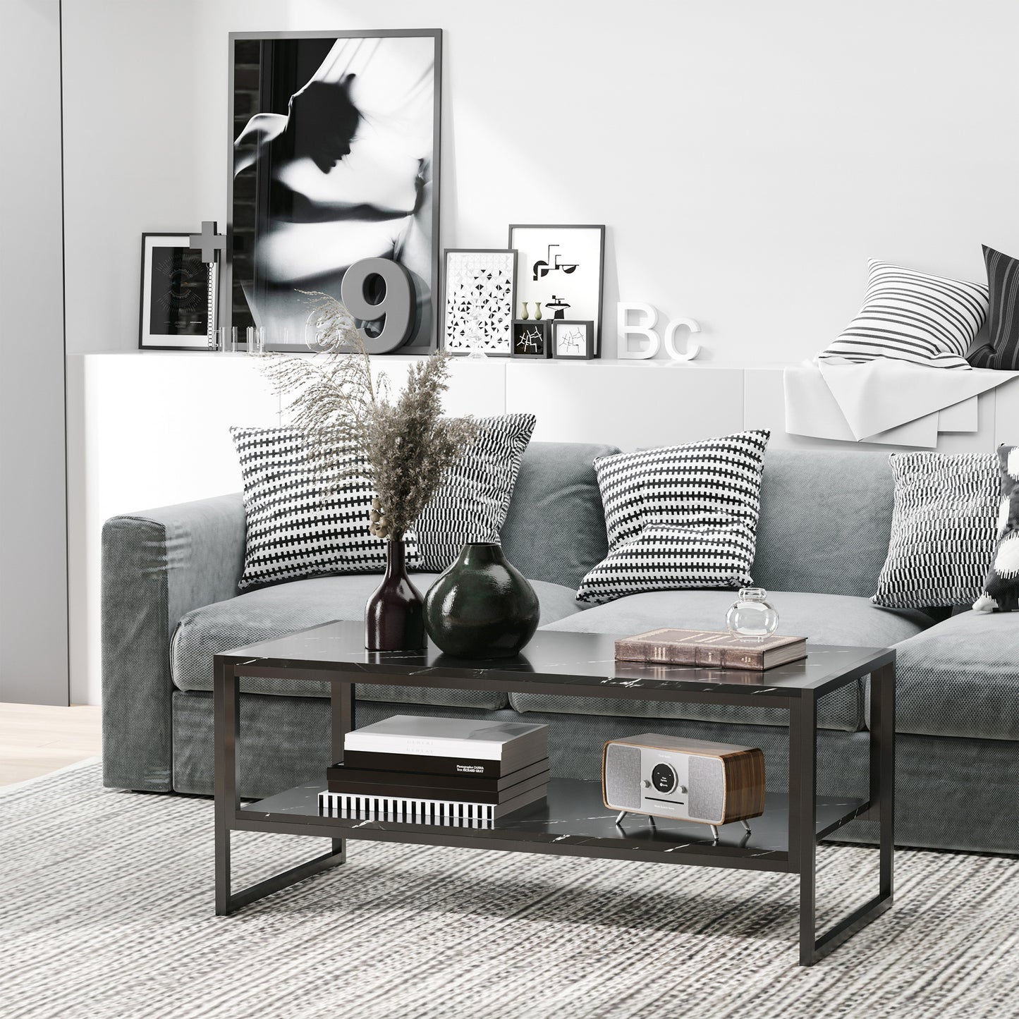 2-Tier Coffee Table with Storage Shelf, Cocktail Table with Marble Textured Table Top, for Living Room Bedroom Dorm, Black