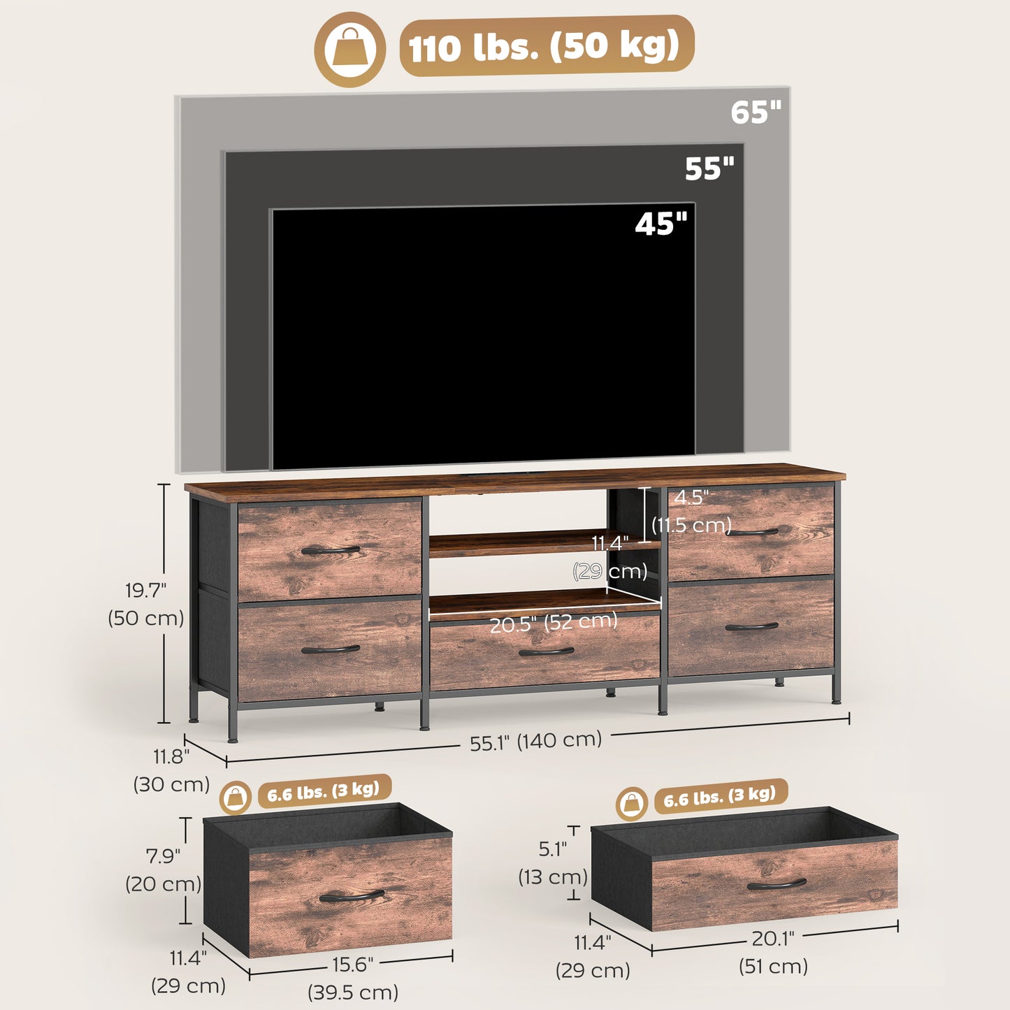 TV Stand for TVs up to 65 Inch, Industrial TV Console with Charging Station, 5 Drawers and Open Shelves, Rustic Brown