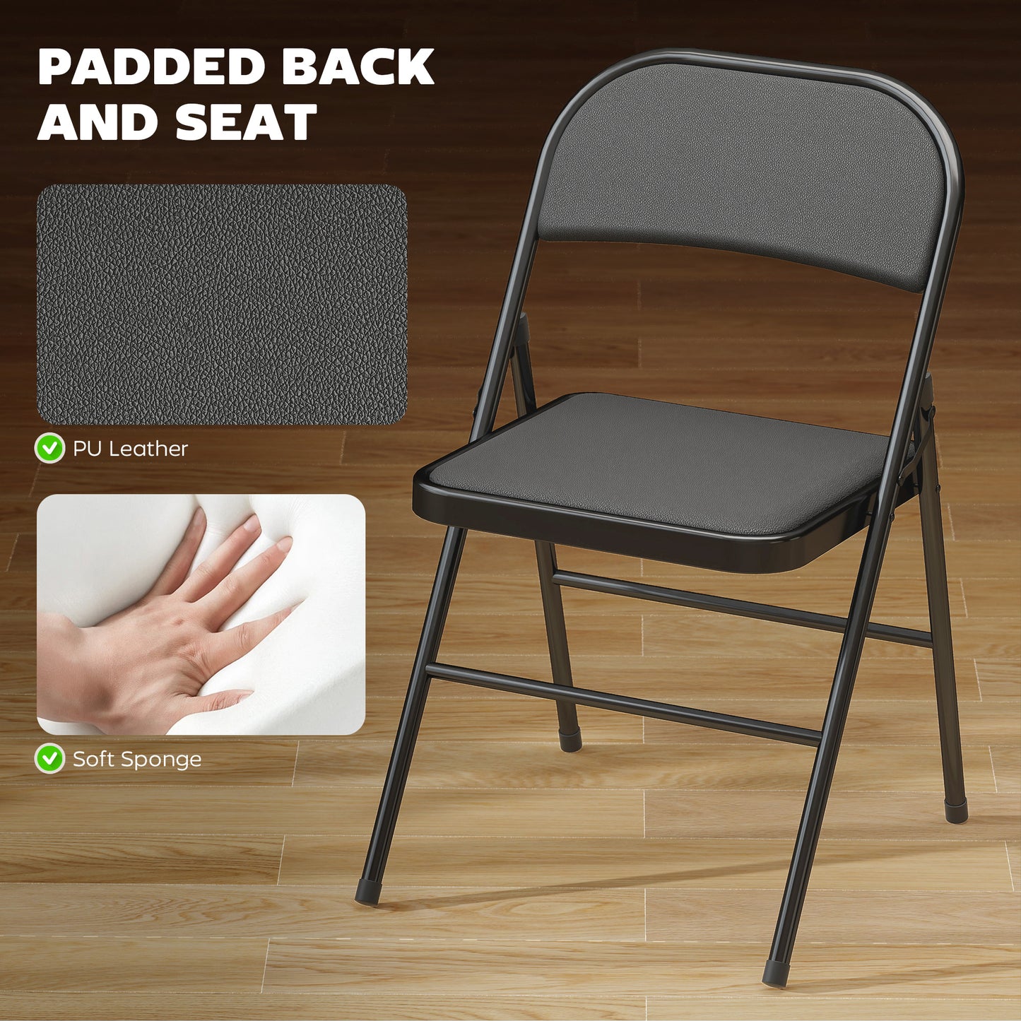 Set of 6 Metal Foldable Chairs, PU Leather Padded Folding Chairs with Cushion Seat and Open Back for Indoor, Black